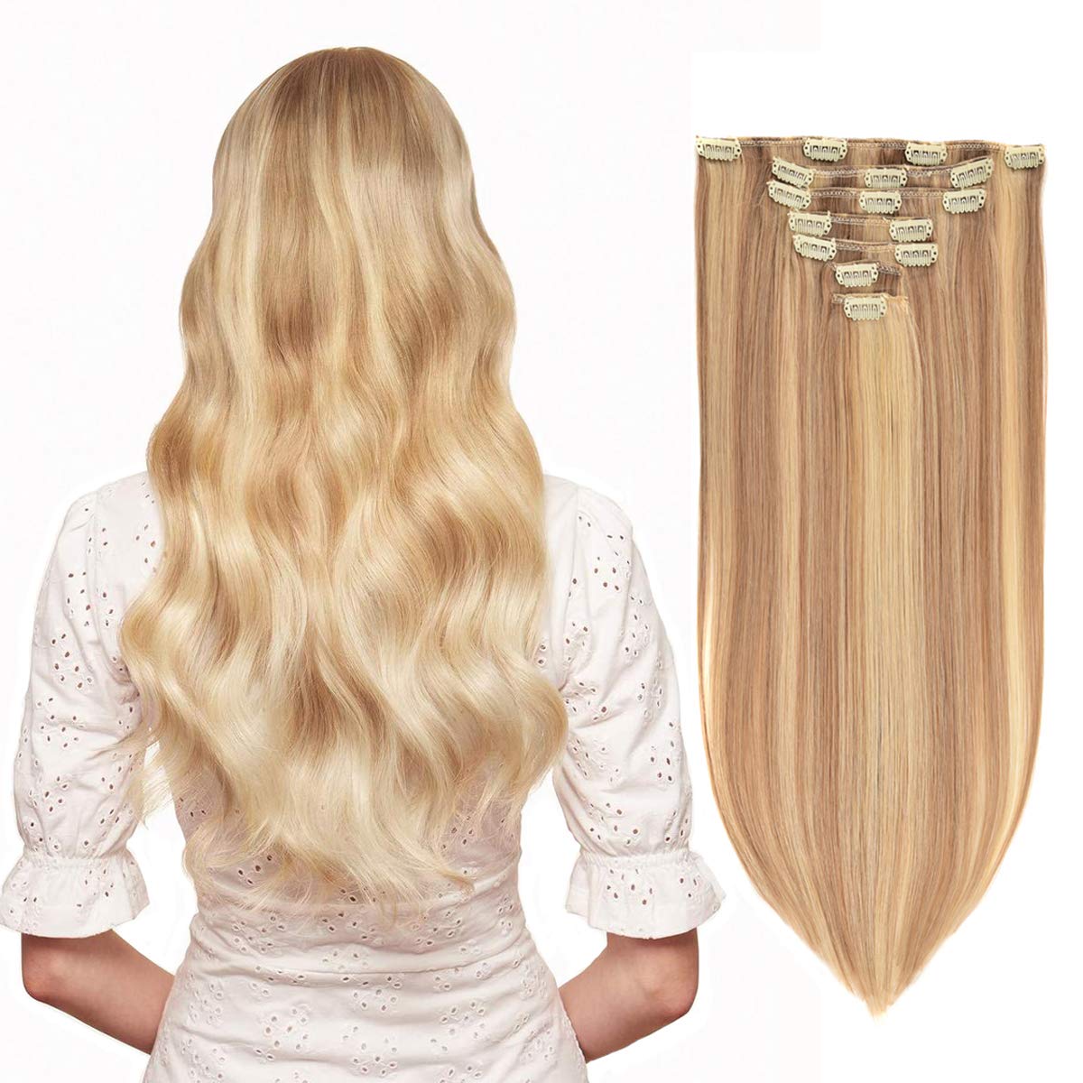 Clip in Hair Extensions 20 Inch Real Human Hair - 7pcs 120g Ash Blonde to Lightest Blonde #18/613 Thickened Straight Clip-ins for Volume & Length | Perfect for Parties, Weddings & Daily Styling