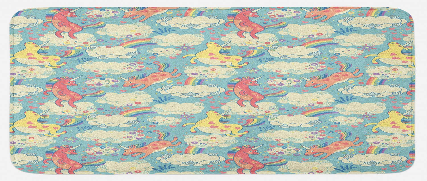 Ambesonne Pastel Kitchen Mat with Rainbow Unicorns Flying in Clouds - Non-Slip Plush Decorative Rug, 47