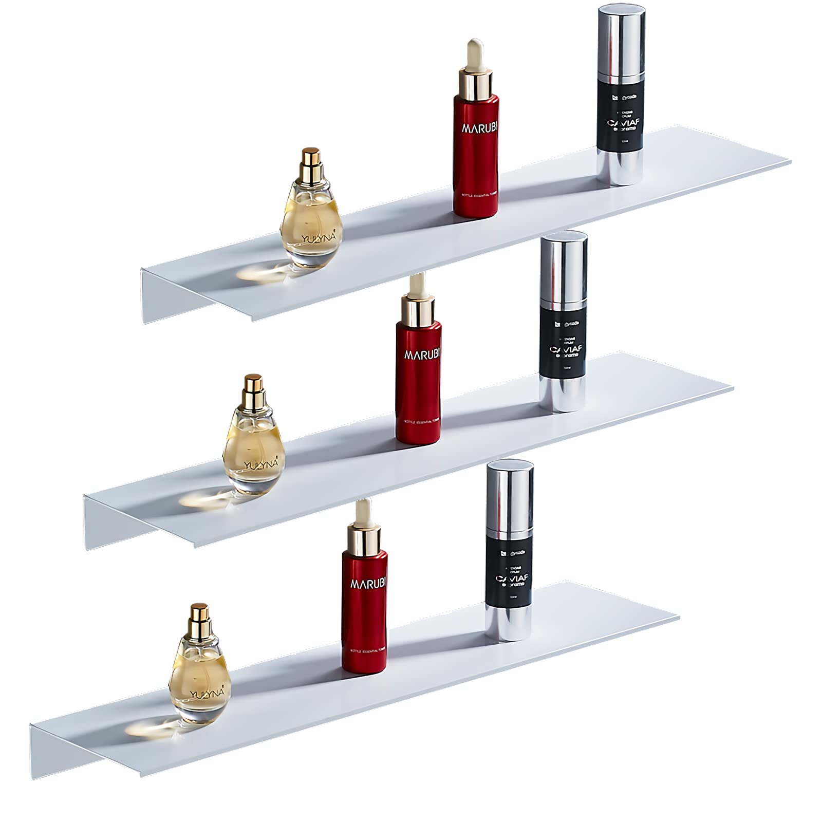 3-Pack White Floating Wall Shelves - Space-Saving Aluminum Bathroom & Kitchen Organizer for Makeup, Shower Essentials & Picture Display (19.68 Inch) - Perfect for Small Spaces & Home Decor
