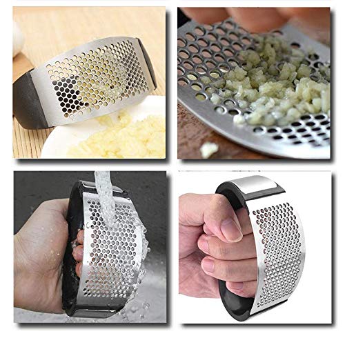 Stainless Steel Garlic Press Rocker - 2-in-1 Multifunctional Garlic Crusher, Chopper, Mincer & Grinder with Silicone Peeler & Cleaning Brush | Perfect for Cooking, Meal Prep & Kitchen Gadgets (Blue)