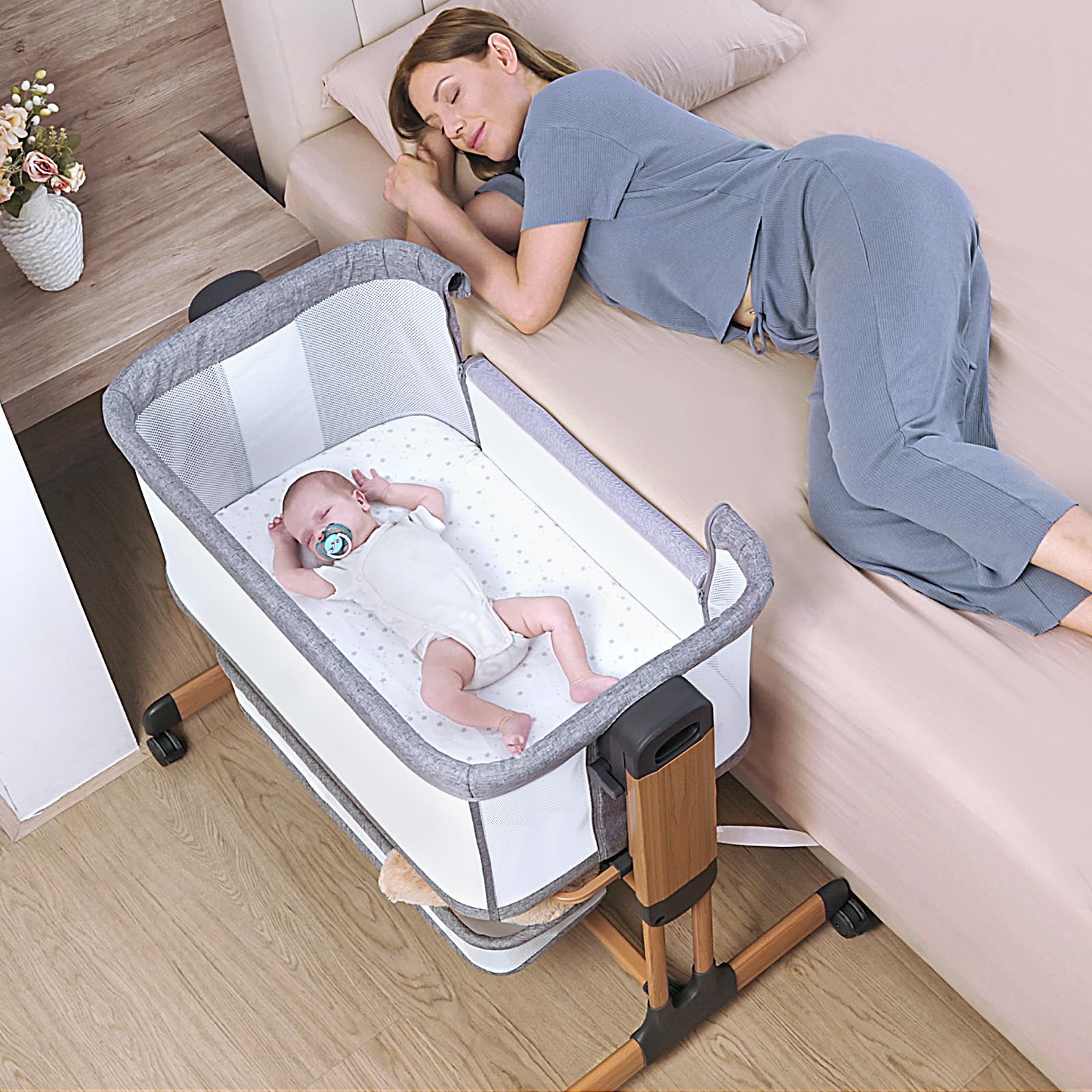 Ezebaby 3-in-1 Adjustable Baby Bassinet with Wheels, Storage Basket & Breathable Mesh Sides - Convertible Rocking Crib & Bedside Sleeper for Newborns & Infants - Perfect for Nursery, Bedroom & Travel Use