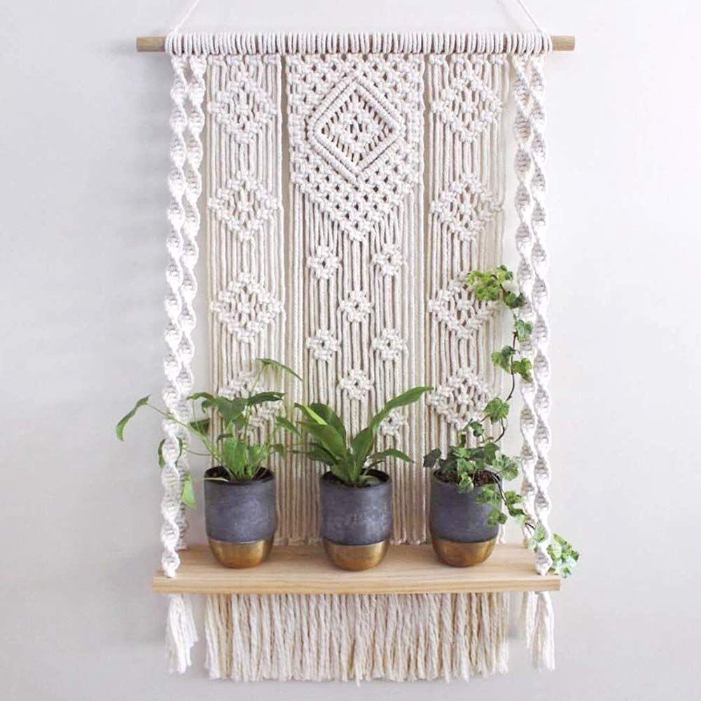 Handmade Macrame Wall Hanging Shelf - Boho Wooden Shelf Organizer with Rope Hanger for Plants | Home Decor for Living Room, Bedroom & Boho Style Spaces
