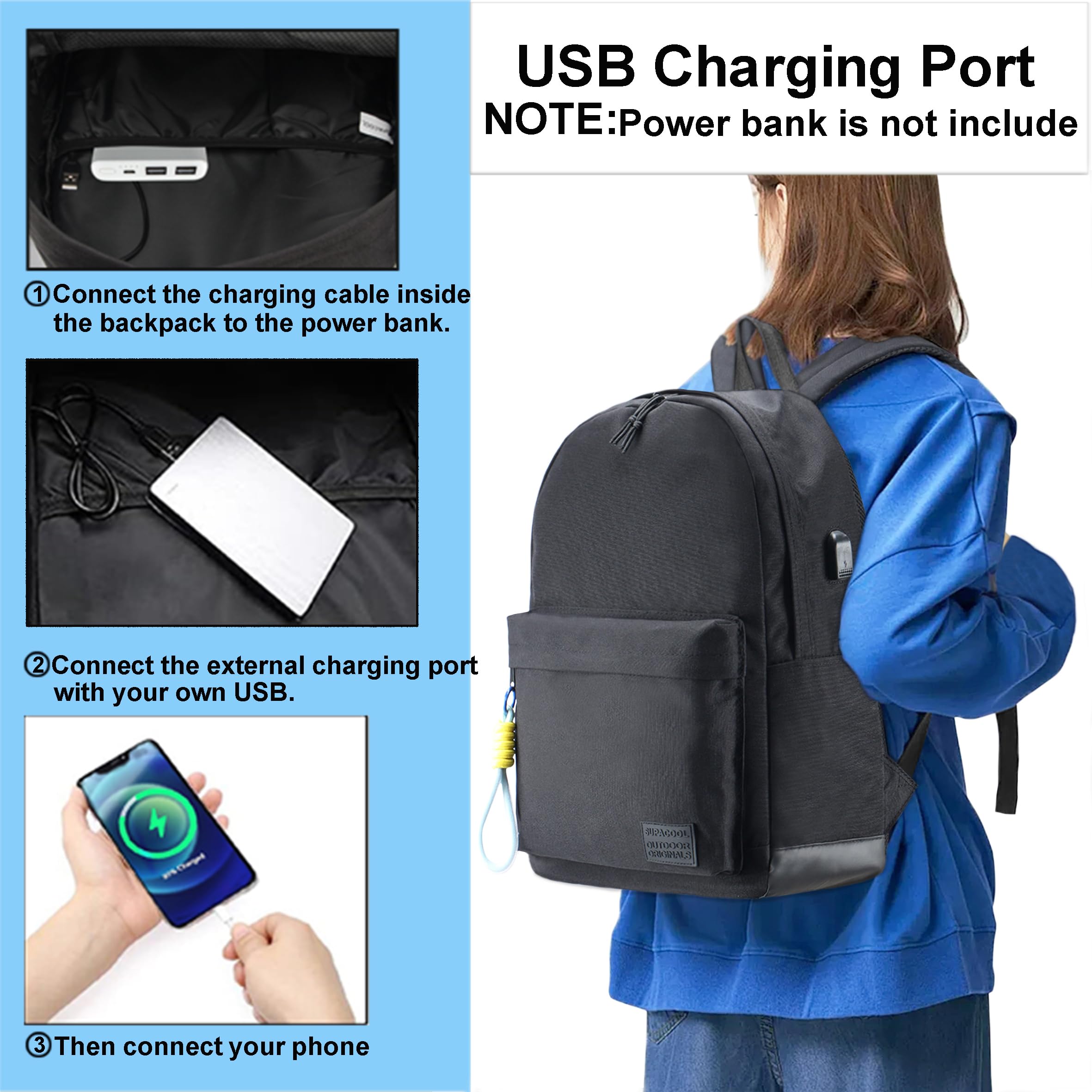 SUPACOOL Lightweight Laptop Backpack with USB Charging Port - Water-Resistant College Backpack for Men & Women - Perfect for Work, School & Travel