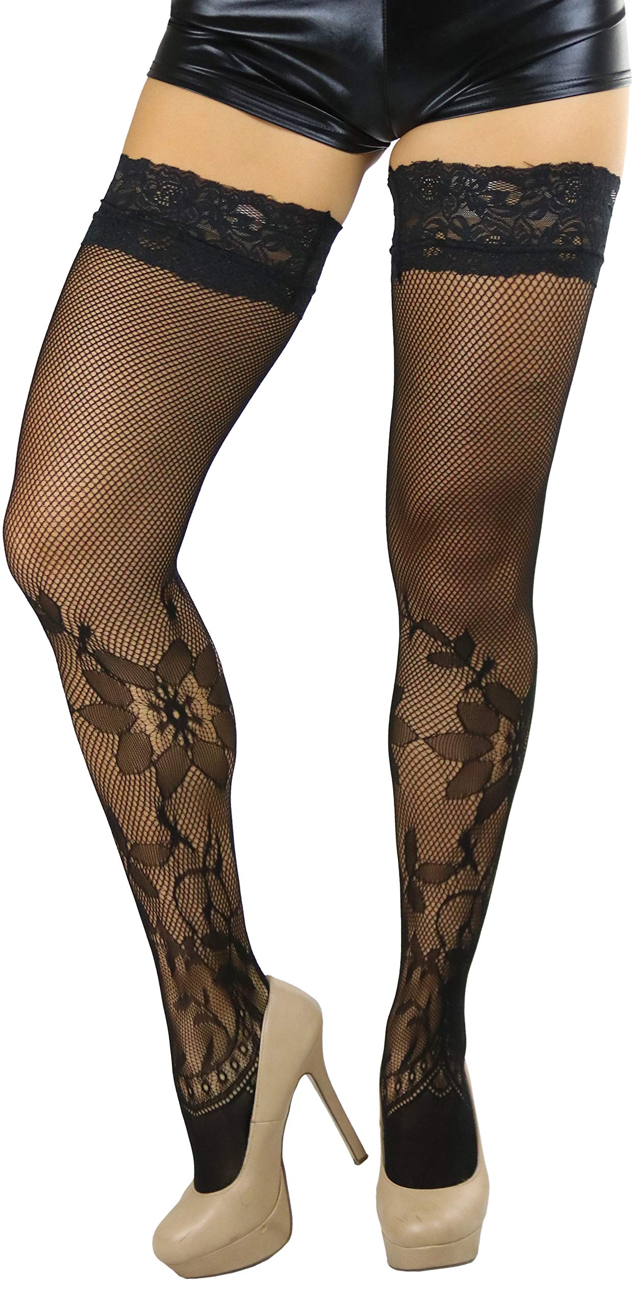 ToBeInStyle Women's Sexy Nylon Thigh High Stockings with Opaque Band - Versatile Fishnet Tights for Party, Cosplay & Night Out