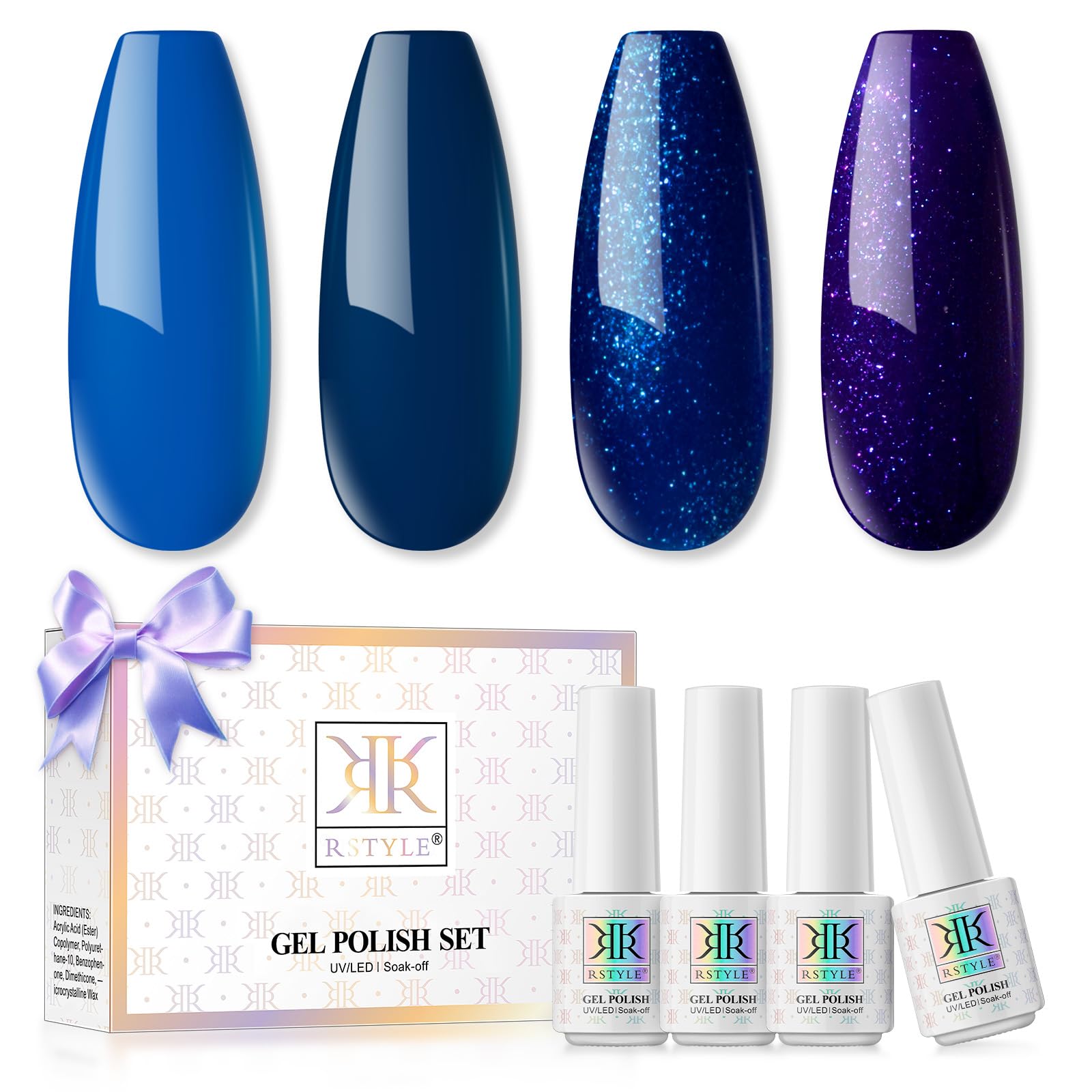 RSTYLE Semi-Permanent Nail Polish Set - Blue Sapphire Gel Nail Polish with UV/LED Light Curing, 5ml x 4 Bottles for Manicure & French Nail Art | Perfect for Home Salon, Party Nails & Gift Giving