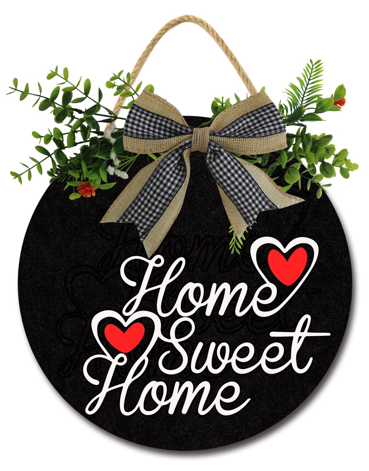 Farmhouse Style Round Wooden Wreath with Artificial Leaves & Rustic Beads - All Seasons Front Porch Decor, Housewarming Gift, Home Sweet Home Sign - Perfect for Porch, Door, Wall & Farmhouse Decor