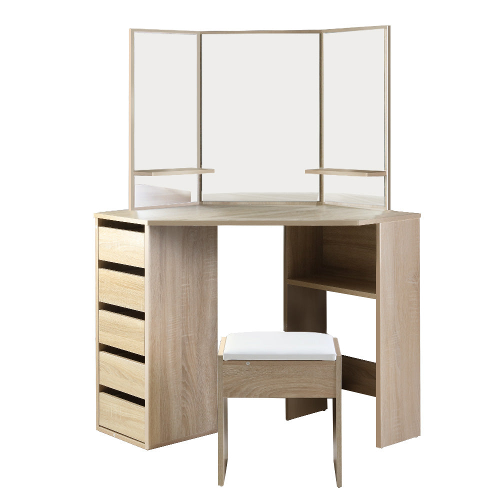 Oak Makeup Vanity Set - Corner Dressing Table with Mirror & Stool, Elegant Makeup Desk Chair for Bedroom, Bathroom or Dressing Room
