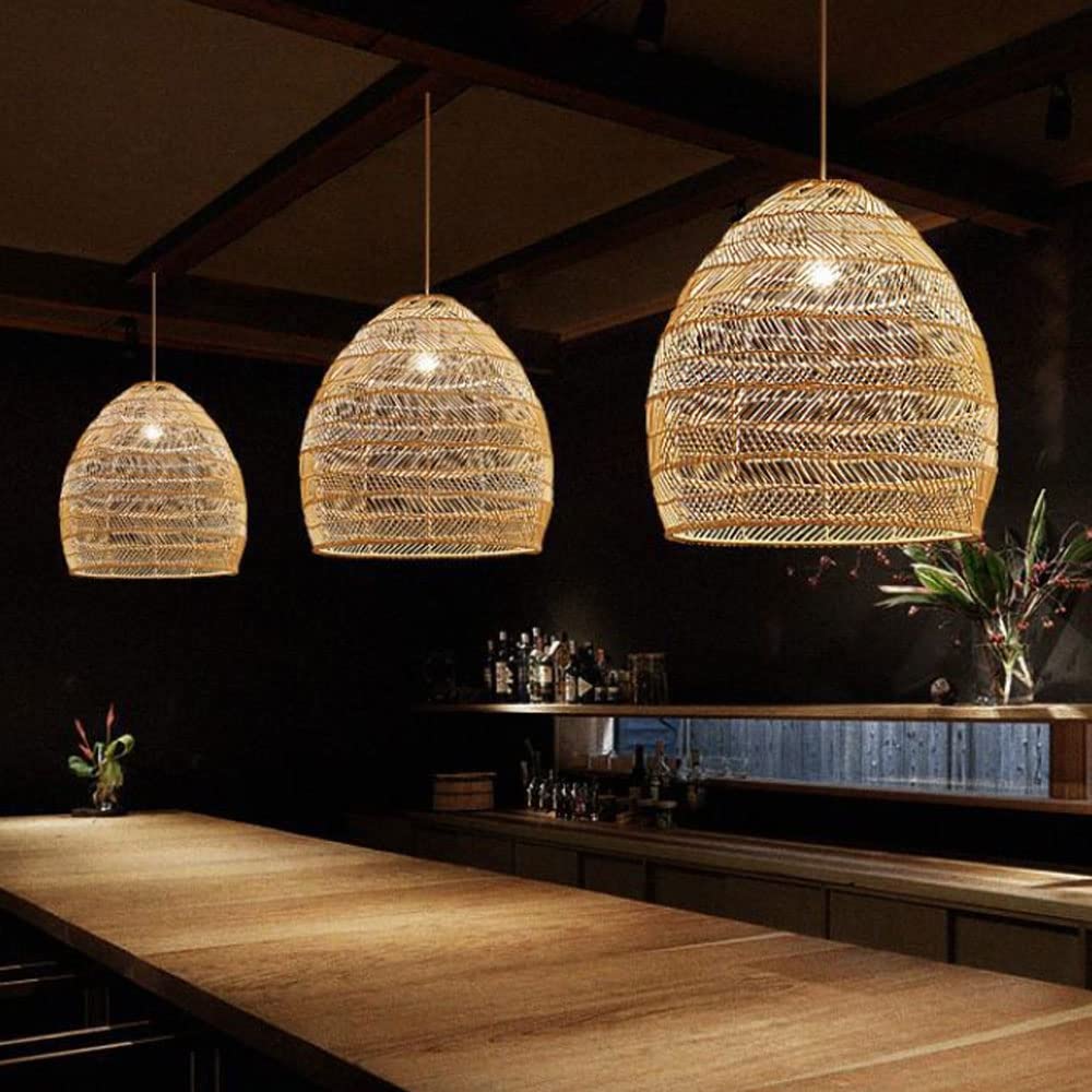 Hand-Woven Rattan Pendant Lamp - Adjustable Wicker Chandelier with Open Weave Basket Design, Beige Farmhouse Ceiling Light for Kitchen Island, Dining Room & Bedroom Decor