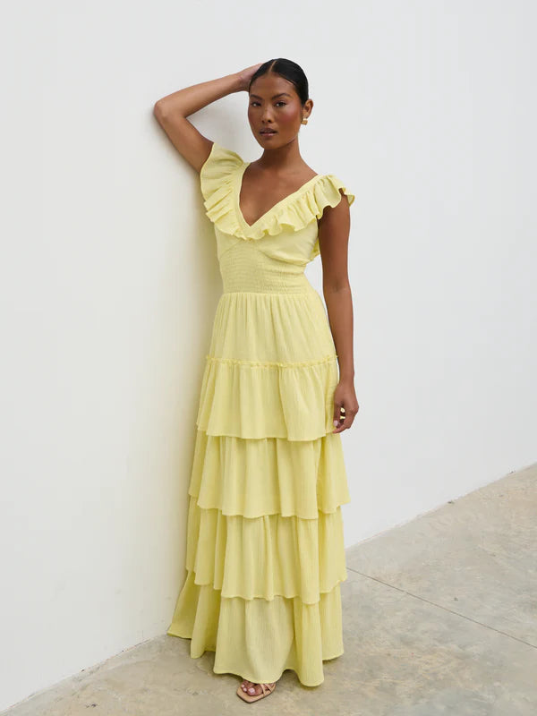 Opal Ruffle Maxi Dress - Women's Flowy Summer Dress in Lemon Yellow | Perfect for Beach Vacations, Weddings & Boho Fashion