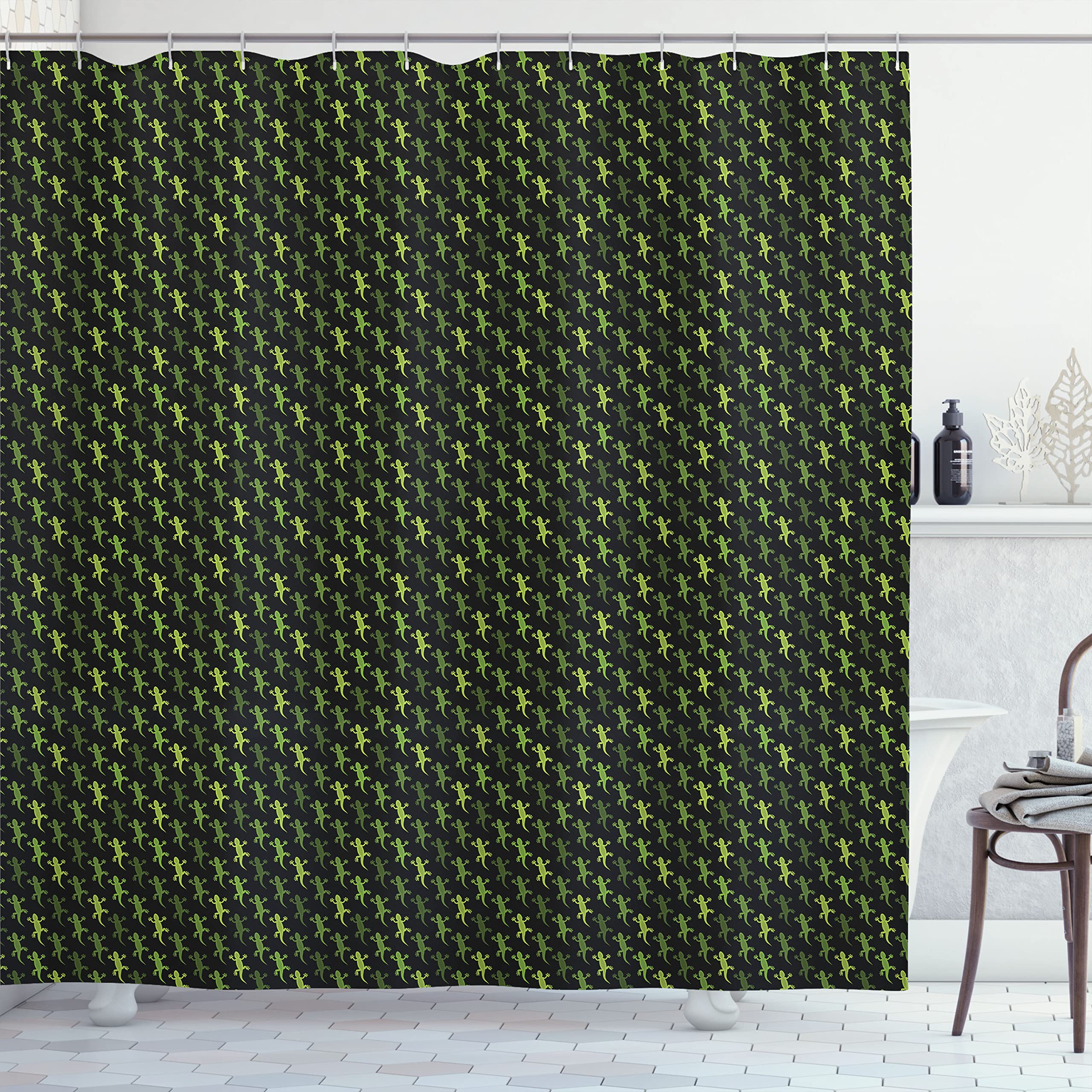 Ambesonne Salamander Shower Curtain - Waterproof Reptile Print Bathroom Decor with Hooks, 69x70 Inches, Olive Green & Charcoal Grey - Perfect for Wildlife Theme Bathrooms & Nature Lover Home Decor