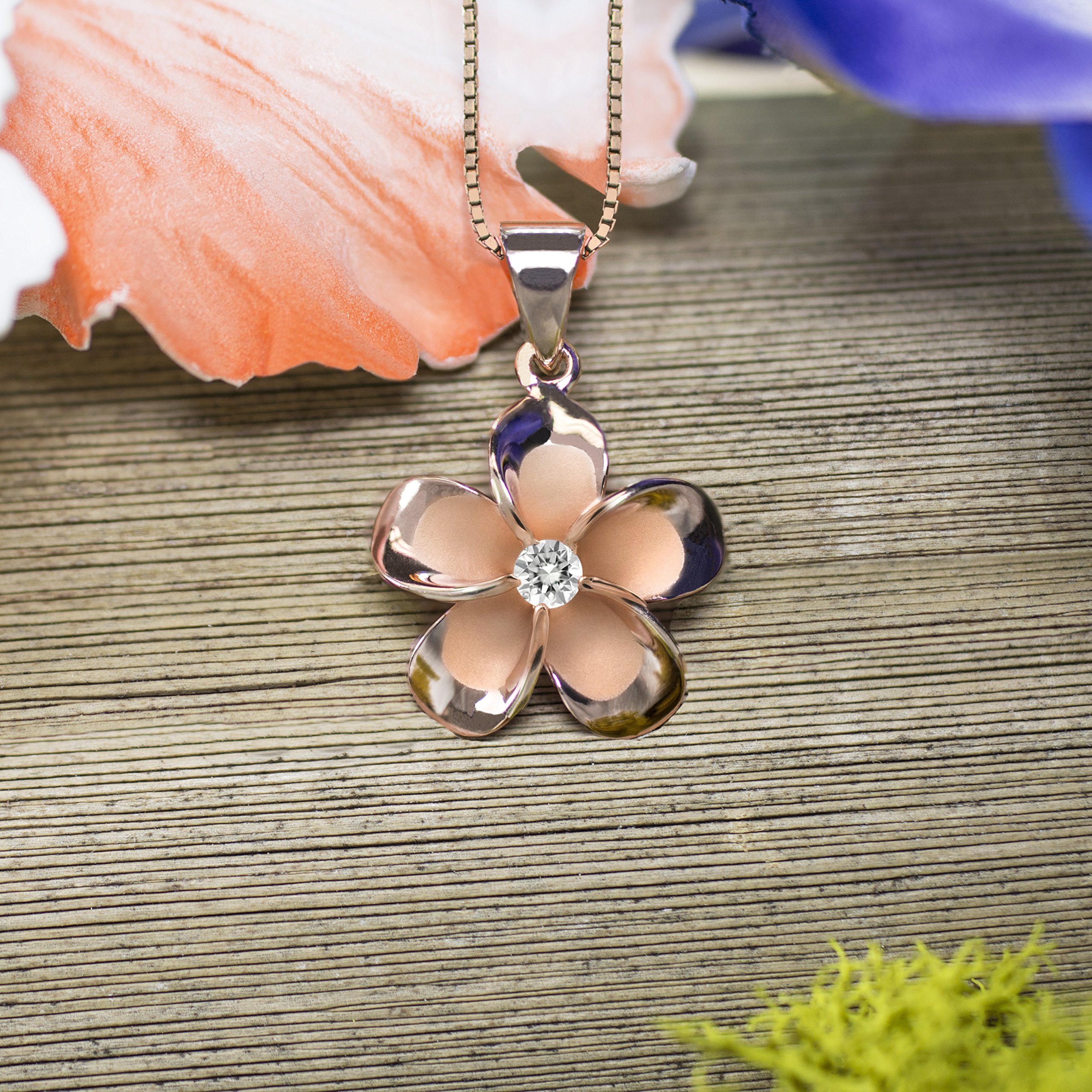 14K Rose Gold Plated Sterling Silver CZ Plumeria Flower Pendant Necklace - 18