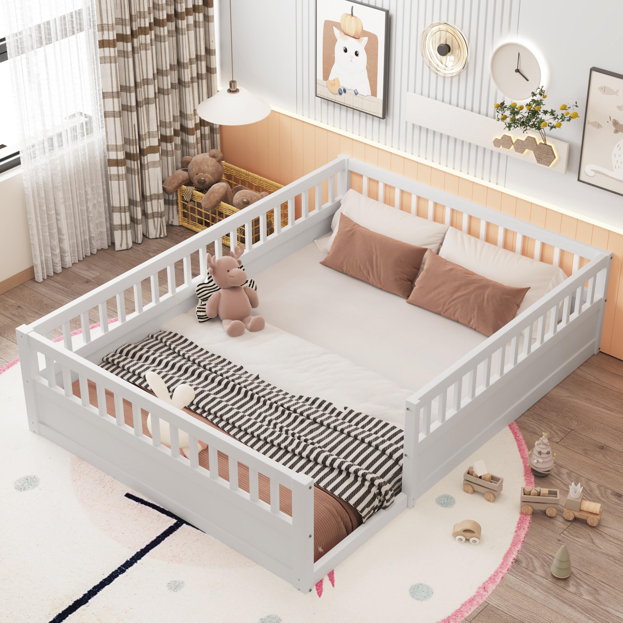 Montessori Full Size Toddler Floor Bed with Safety Fence & Solid Wood Guardrails - White Playhouse Bed for Kids Room | Safe Sleeping & Play Area for Toddlers, Daytime Naps & Montessori Learning Activities