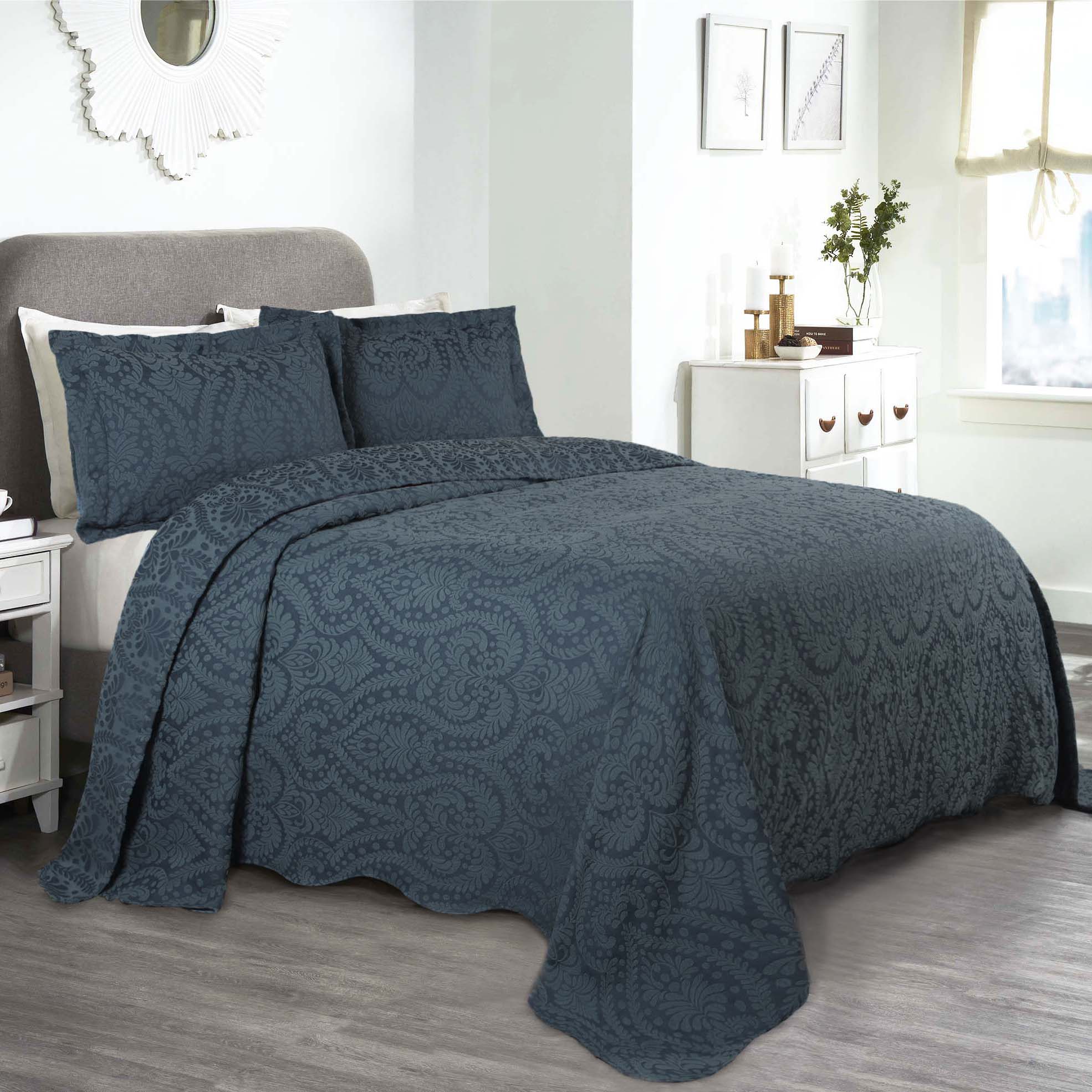 Soft Aspen Cotton Blend Jacquard Woven Floral Bedspread Set with Scalloped Edges - Queen Size Luxury Bedding for Master Bedroom & Guest Room Decor