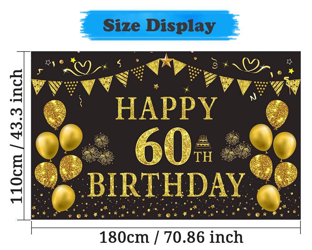 Trgowaul 60th Birthday Backdrop - 5.9x3.6ft Gold & Black Photography Background for Women & Men - Perfect for Milestone Birthday Parties, Photo Booths & Anniversary Celebrations