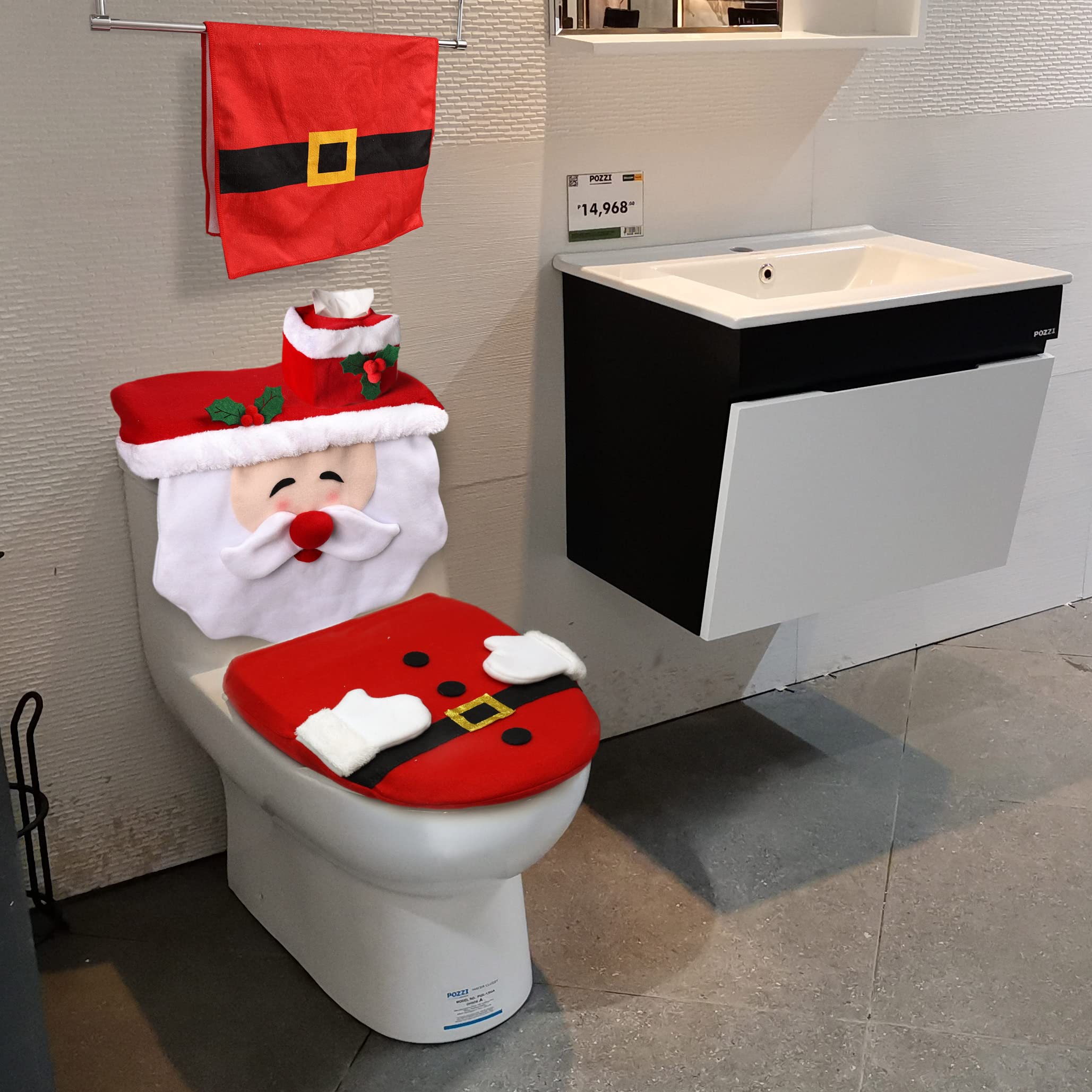 BL Ninfee Christmas Toilet Seat Cover & Towel Set - Festive Santa Design for Holiday Bathroom Decor - Perfect for Home, Party & Gift Giving