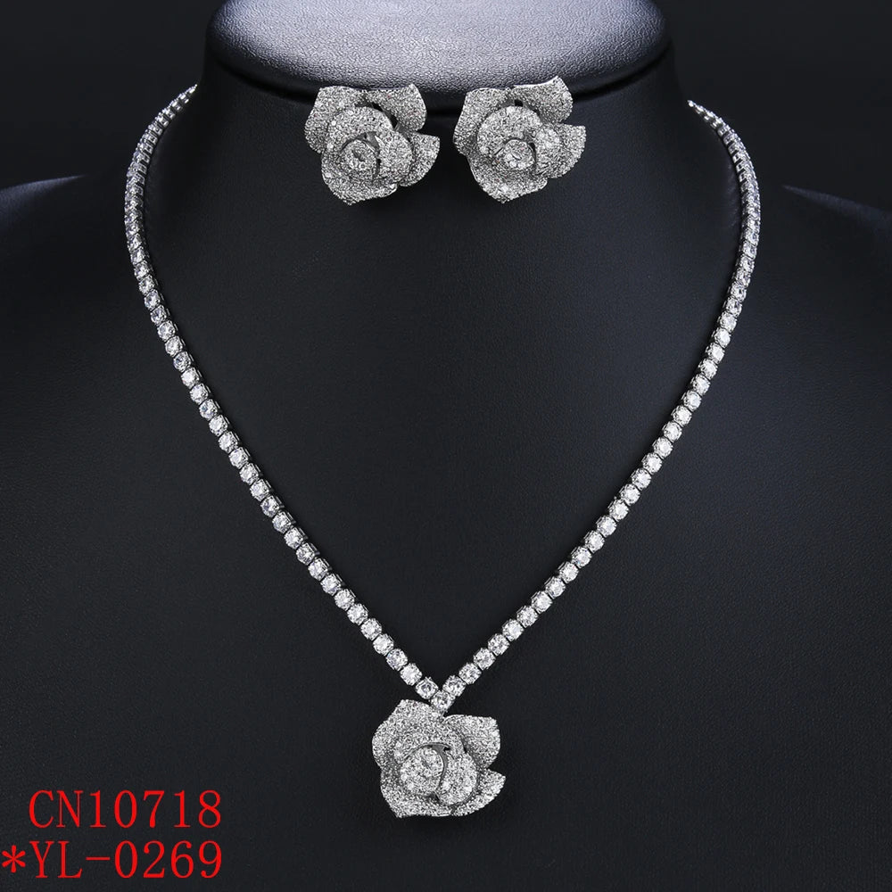Elegant CZ Cubic Zirconia Rose Flower Pendant Necklace & Earrings Set - Bridal Wedding Jewelry for Women - Perfect Gift for Anniversary, Valentine's Day & Special Occasions