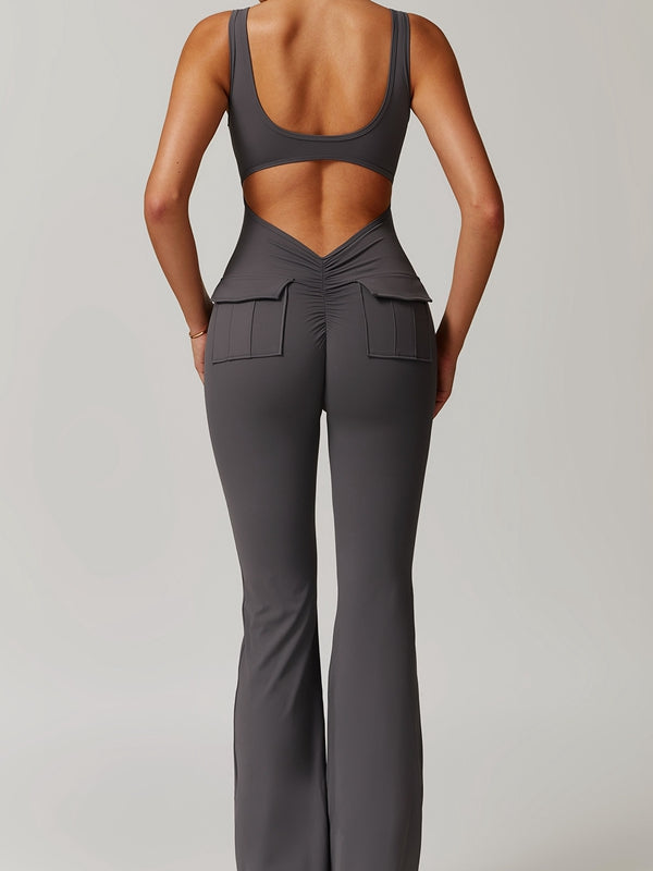 ZASUWA Women's Sexy Cutout Pocket Flare Cargo Jumpsuit - Stylish Booty Lifting Romper for Night Out & Streetwear Fashion