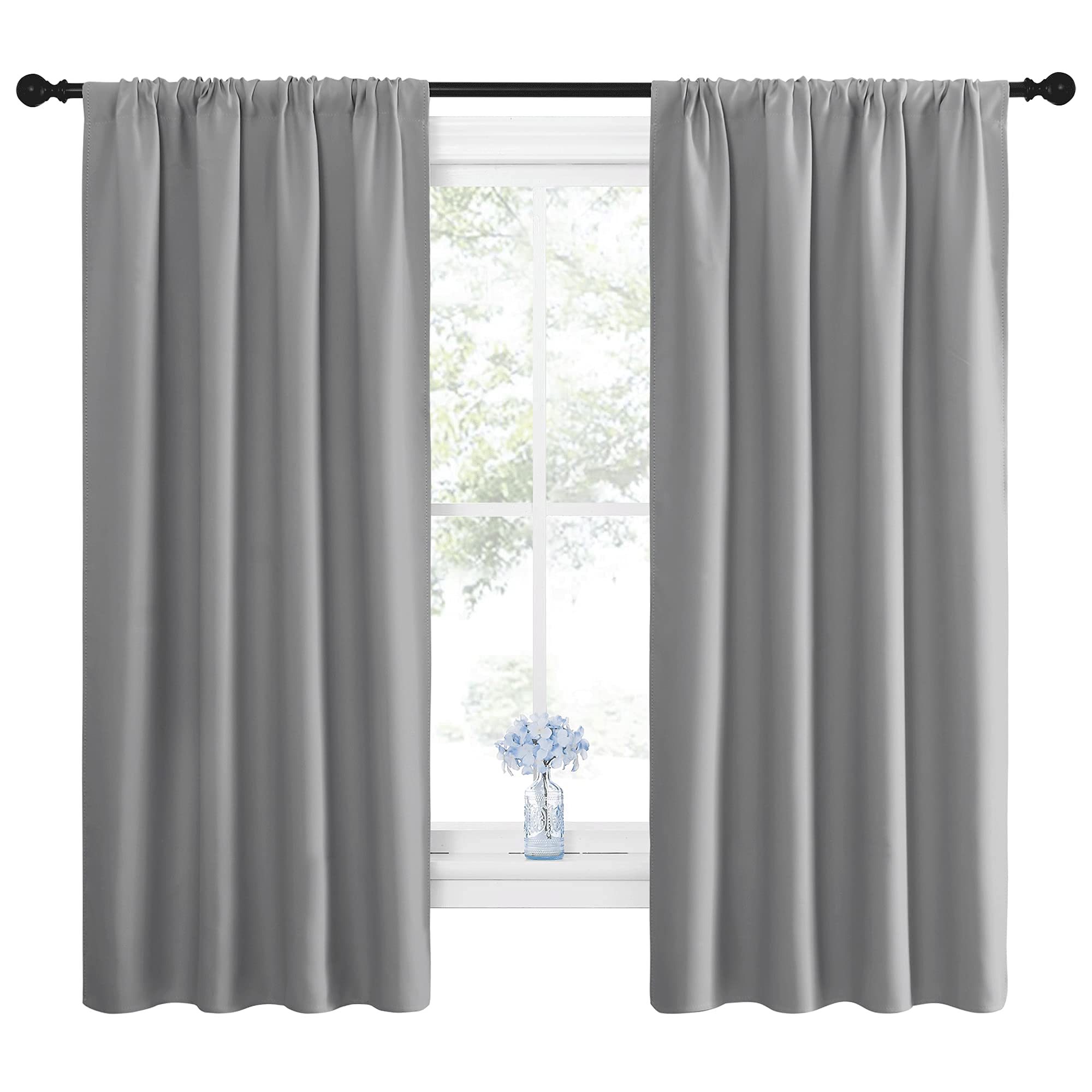 Thermal Insulated Rod Pocket Curtains - Light Grey Polyester Drapery Panel (60