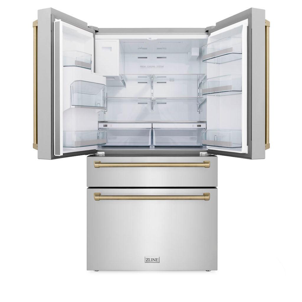 ZLINE Autograph Edition 36-Inch Counter Depth French Door Refrigerator - 21.6 cu.ft Capacity, Fingerprint Resistant Stainless Steel with Champagne Bronze Handles, Built-In Water and Ice Dispenser (RFMZ W 36 CB) - Perfect for Modern Kitchens, Open-Concept Homes, and Gourmet Cooking Spaces