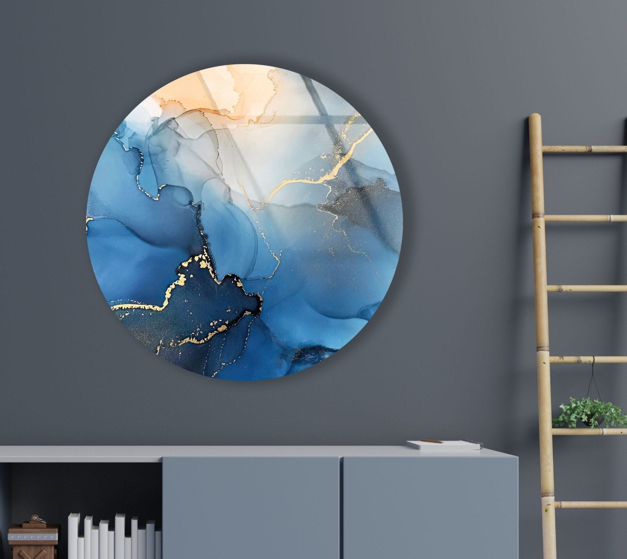 Abstract Round Blue Alcohol Ink Glass Wall Art - Handmade Modern Home Decor for Living Room, Bedroom & Office - Unique Gift Idea for Housewarming & Holidays