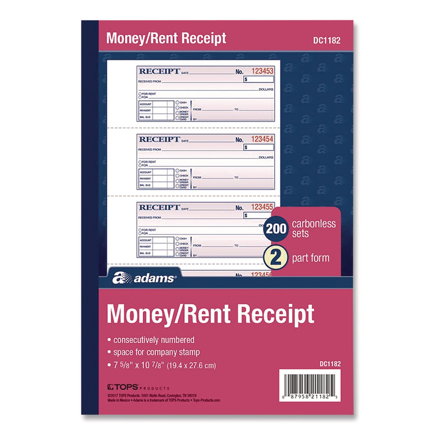 Adams® Money and Rent Receipt Book - 2-Part Carbonless, 200 Forms (7.13
