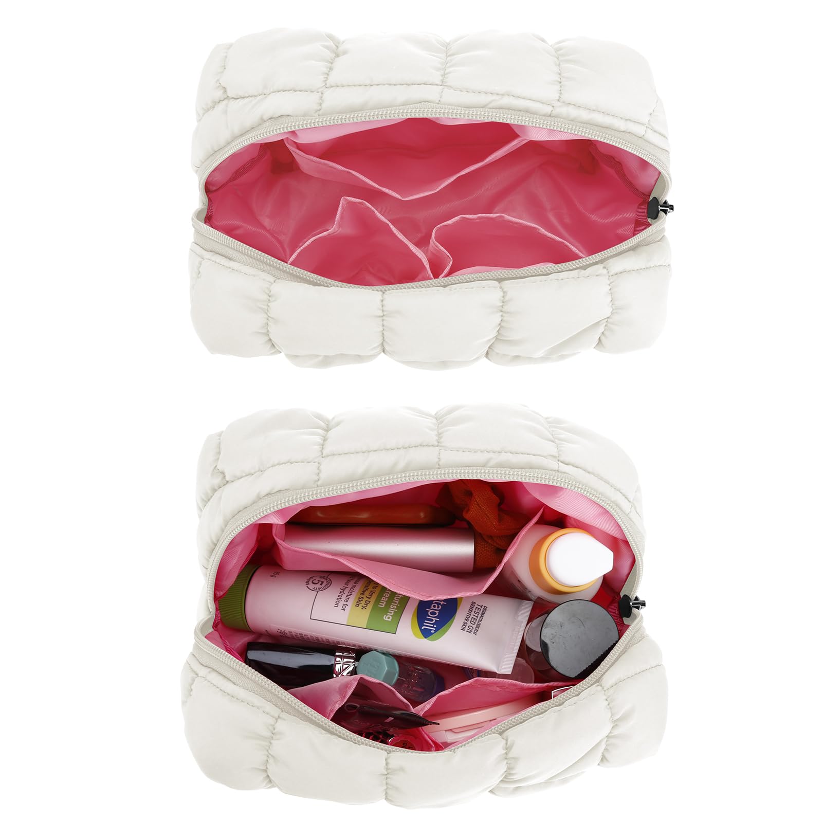 E-Tree Cute Quilted Makeup Bag - Waterproof Cosmetic Organizer Pouch for Travel, Purse & Toiletry Storage - Checkered Pattern Zippered Case (White) - Perfect for Daily Makeup, Gym Essentials & Travel Organization