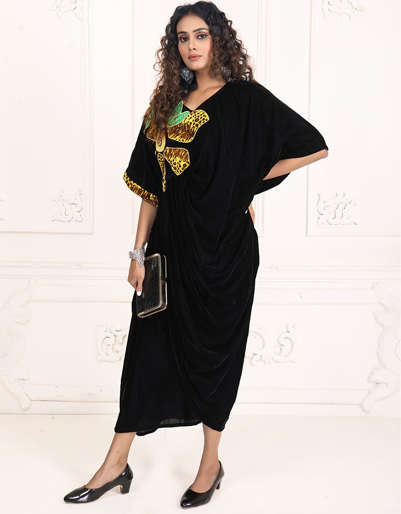 Stylish Arabic Dark Back Multi Printed Velvet Kaftan - Elegant Long Dress for Women, Perfect for Parties, Weddings & Special Occasions