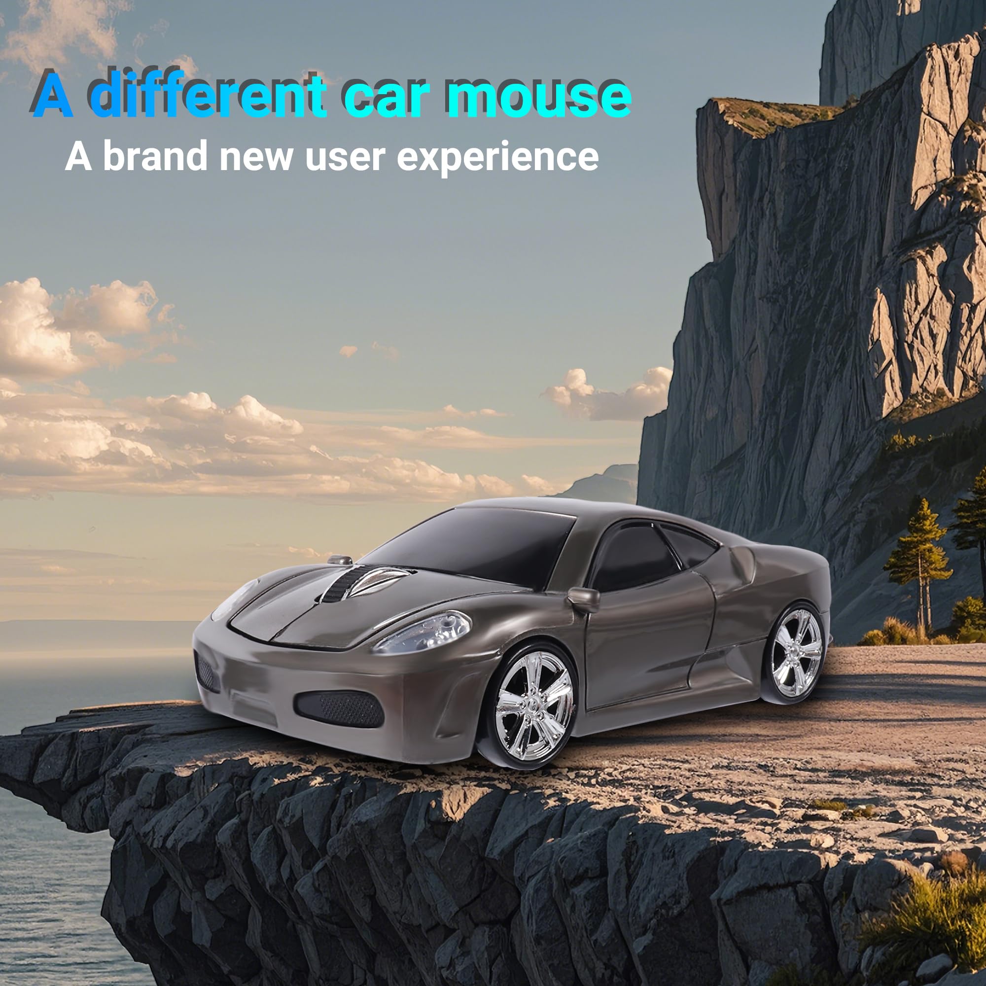 Wireless Mouse 2.4GHz - Ergonomic Sport Car Shaped Optical Cordless Mouse with USB Receiver for PC Laptop, 1600 DPI, 3 Buttons (Gray) - Perfect for Gaming, Office Work & Travel