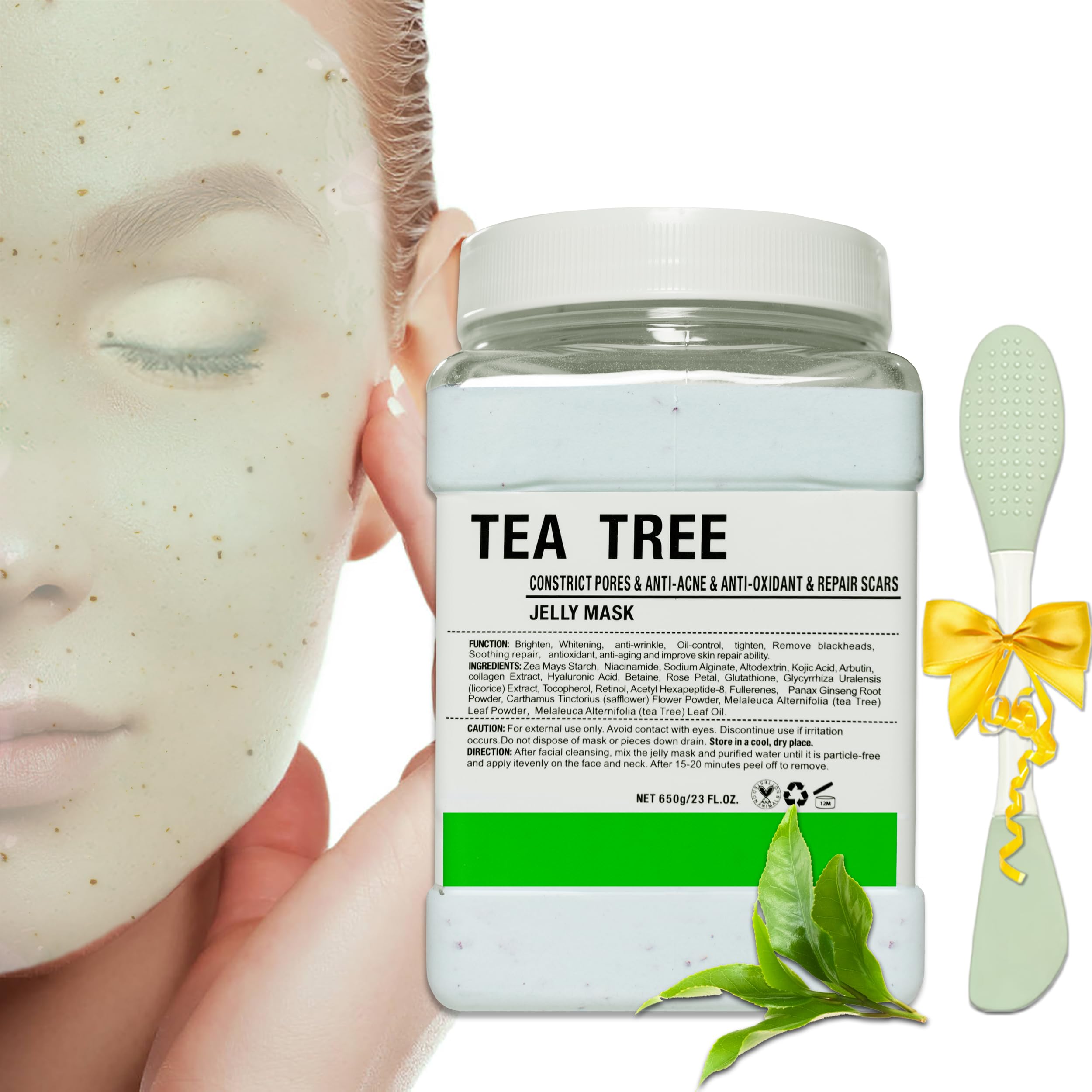 Hydrating Hyaluronic Acid Jelly Face Mask Powder with Tea Tree Extract - 23 Fl Oz for Deep Moisturizing & Acne Care - Includes Double-Ended Silicone Brush - Perfect for Spa Night & Self-Care Routine