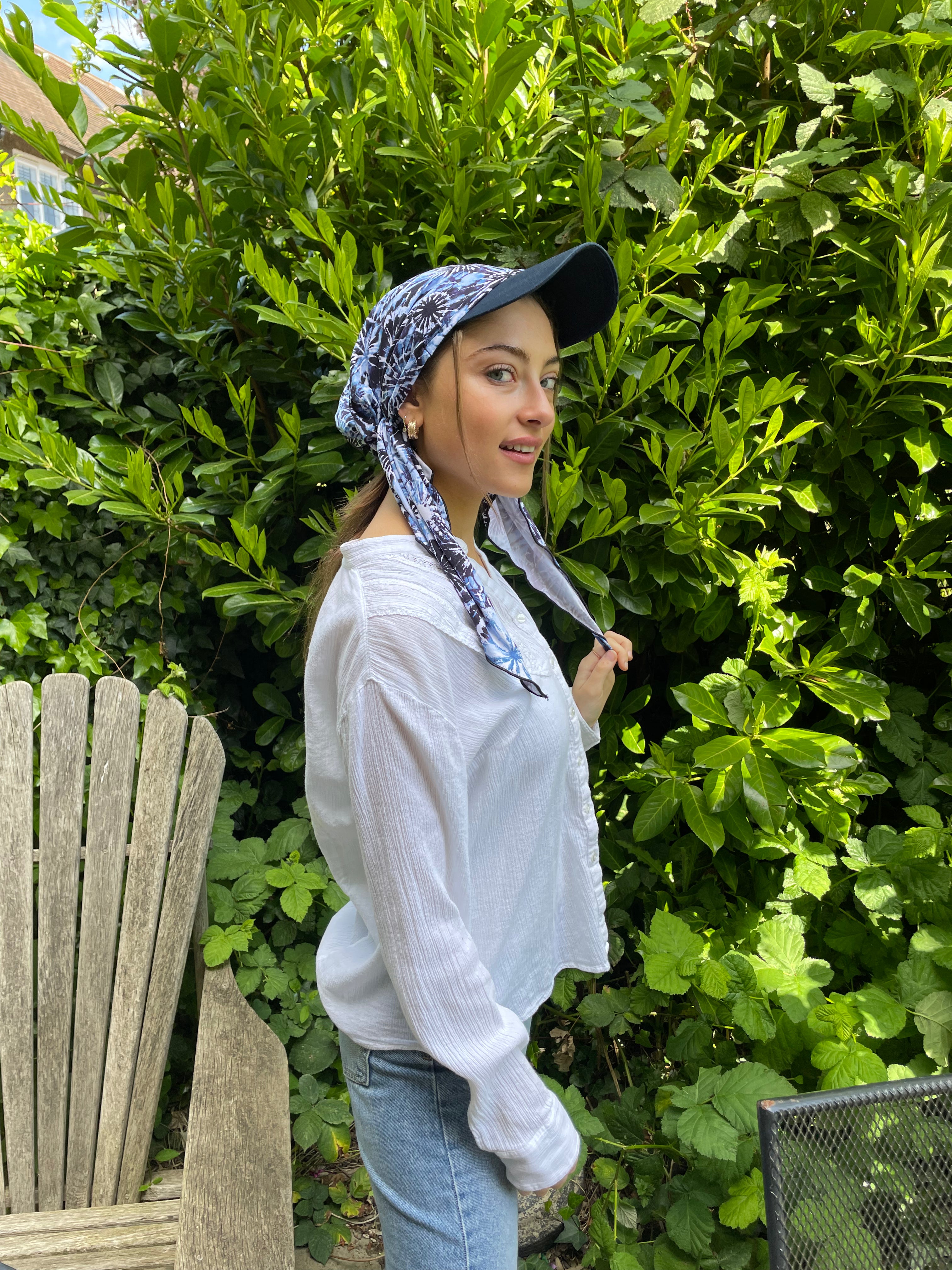 Tie Dye Blue Headwear for Women - Denim Match Sun Visor Hat with Attached Pre-Tied Scarf - UV Protection & Sun Shade - Perfect for Beach, Golf, Running & Outdoor Activities