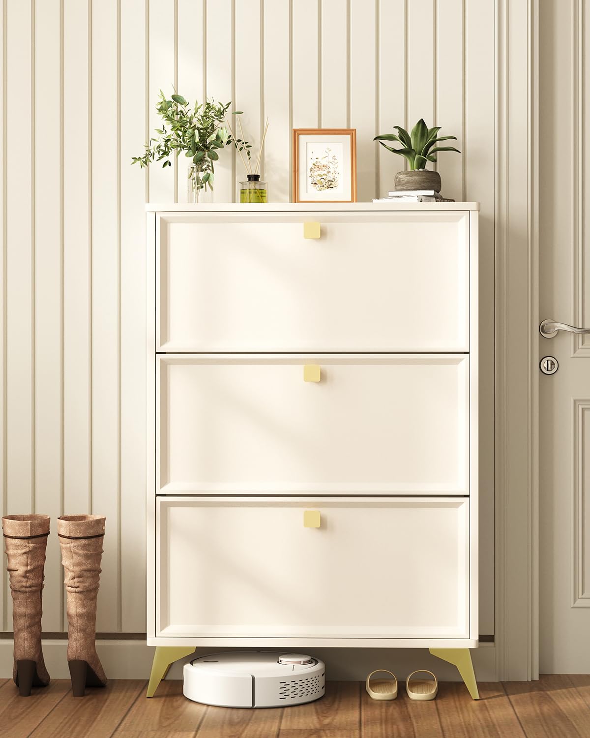 3-Tier Shoe Storage Cabinet with Flip Drawers & Removable Shelves - Freestanding Shoe Organizer with Gold Handles & Metal Legs for Entryway, Closet or Bedroom (9.6