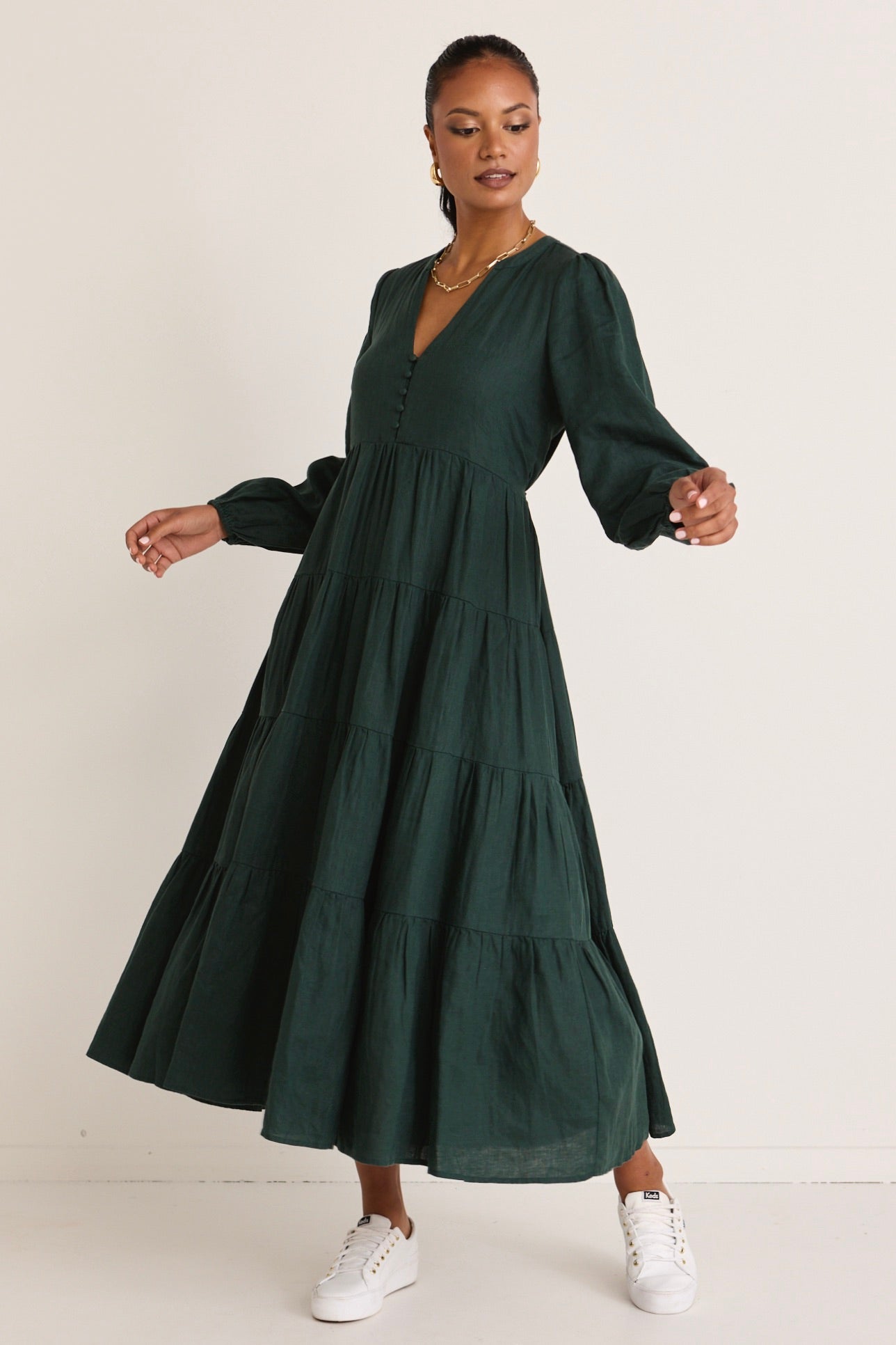 Stylish Dark Forest Linen Long Sleeve Button Front Tiered Maxi Dress for Women - Perfect for Boho Chic Outfits, Beach Vacations & Summer Weddings