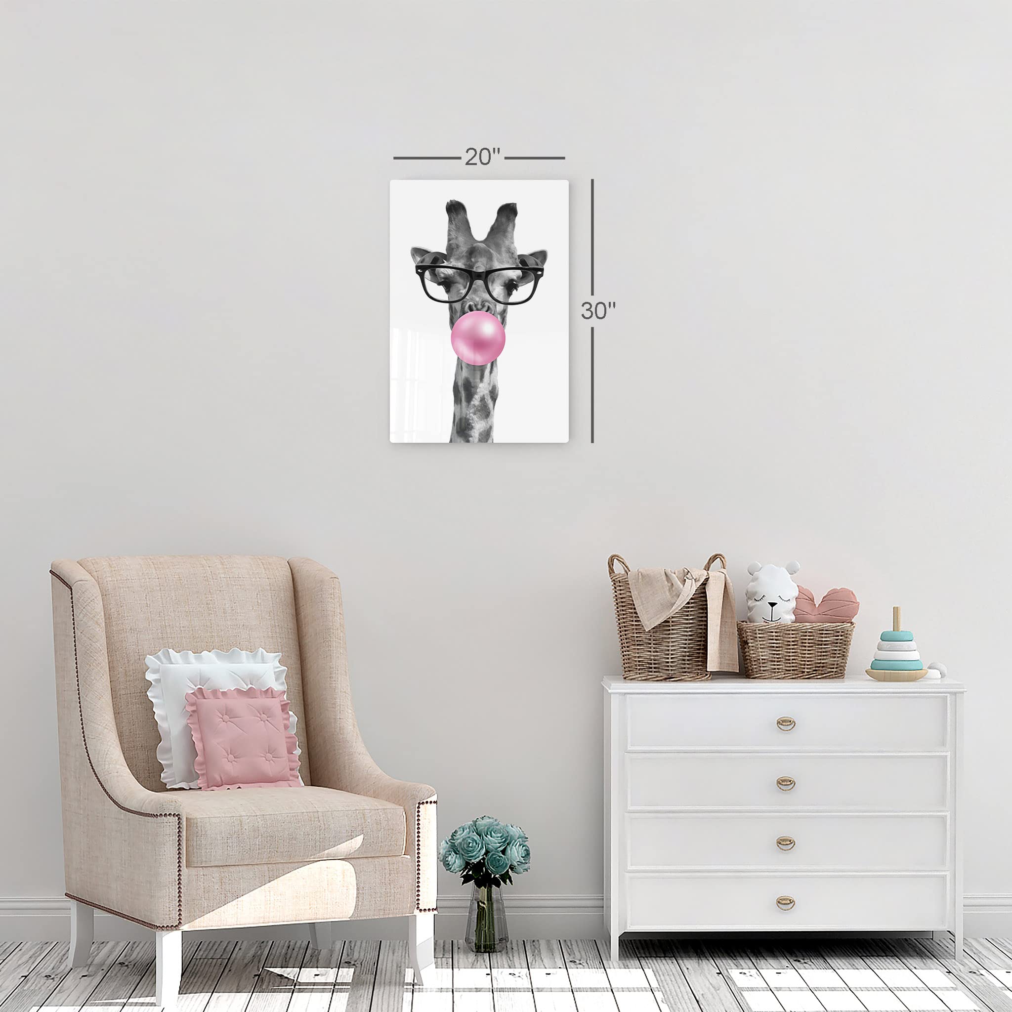 Cute Giraffe with Glasses Metal Wall Art Print - 40x30 Inch Pink Animal Bubble Gum Pop Art for Living Room, Kids Room & Nursery Decor - Ready to Hang, Made in USA | Perfect for Birthday Gifts & Home Decoration