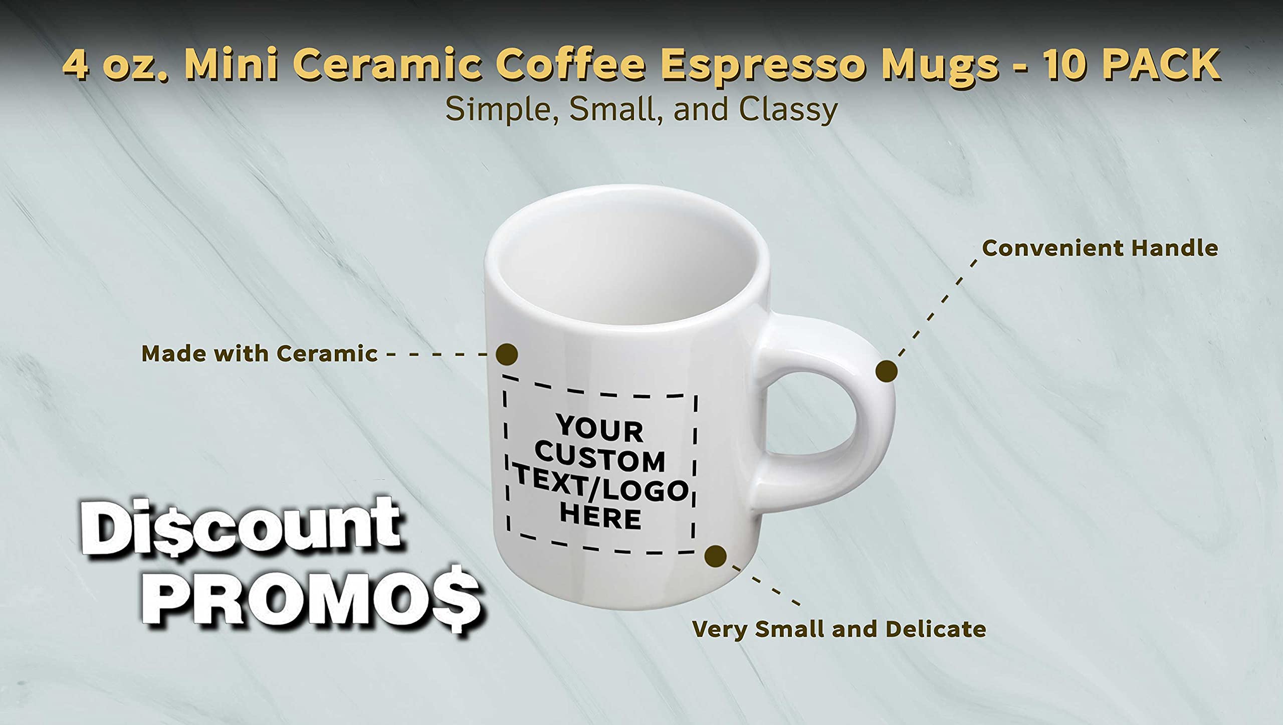 10-Pack Mini Ceramic Coffee Mugs 4oz - Custom Text & Logo - Durable Stoneware with C-Handle - Perfect for Office Gifts, Wedding Favors, and Home Decor (White)