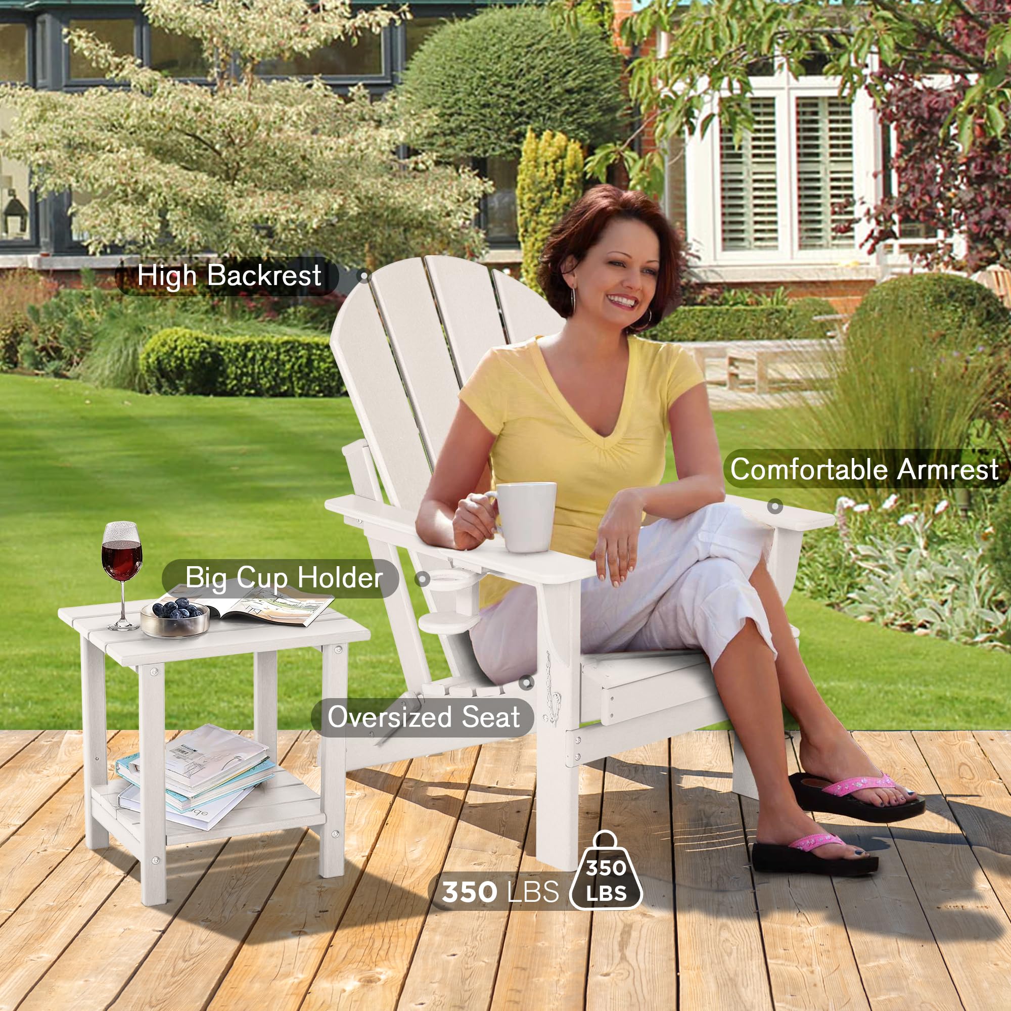 Nalone 2-Pack Folding Adirondack Chairs with Cushions & Cup Holders - HDPE Plastic Oversized Patio Chairs, Weather-Resistant Outdoor Furniture for Garden, Deck, Fire Pit, Camping & Backyard Relaxation (White)