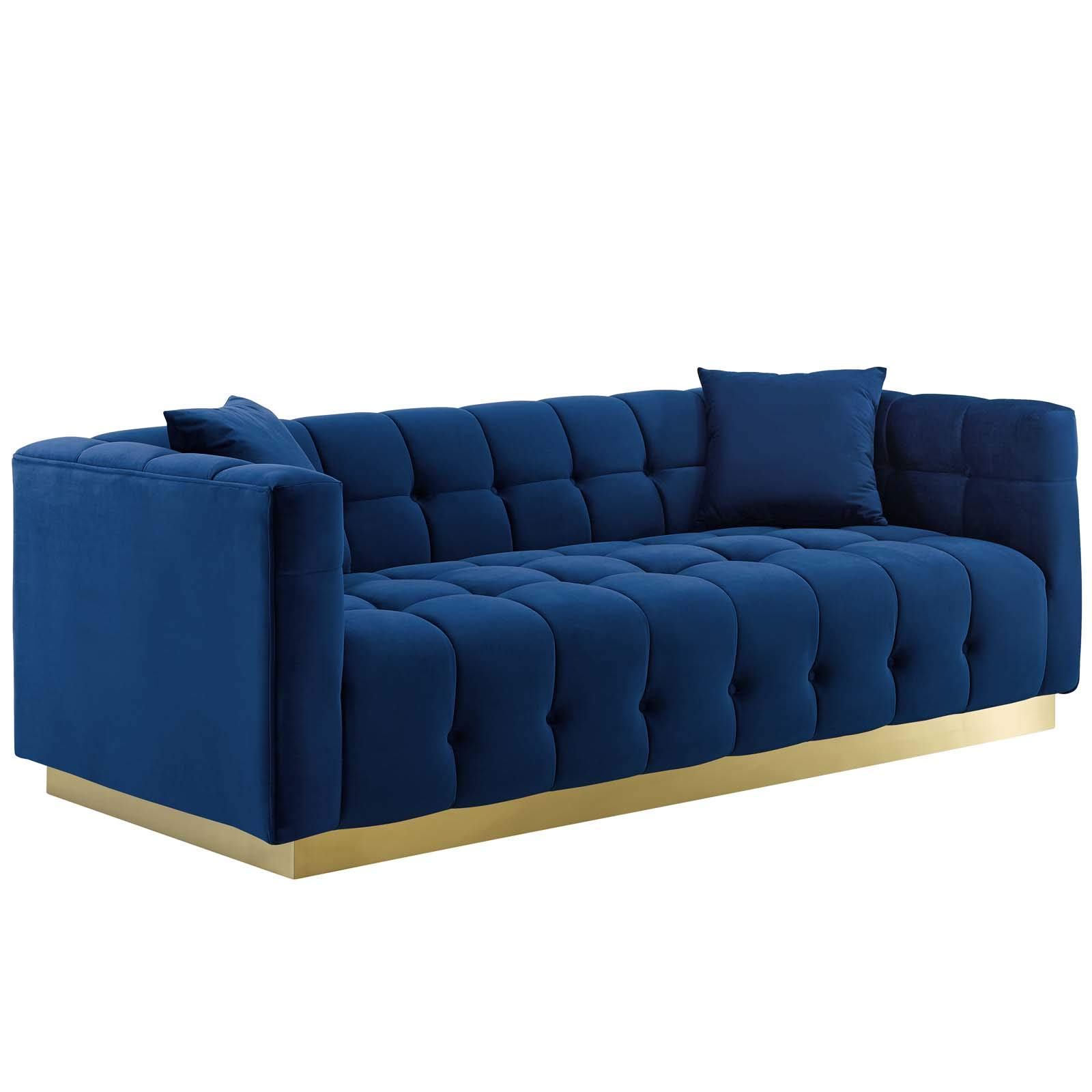 Modway Vivacious Square Tufted Upholstered Performance Velvet Sofa with Two Throw Pillows in Navy - Luxurious Velvet Living Room Couch for Modern Home Decor, Perfect for Lounge, Entertaining Guests & Cozy Movie Nights