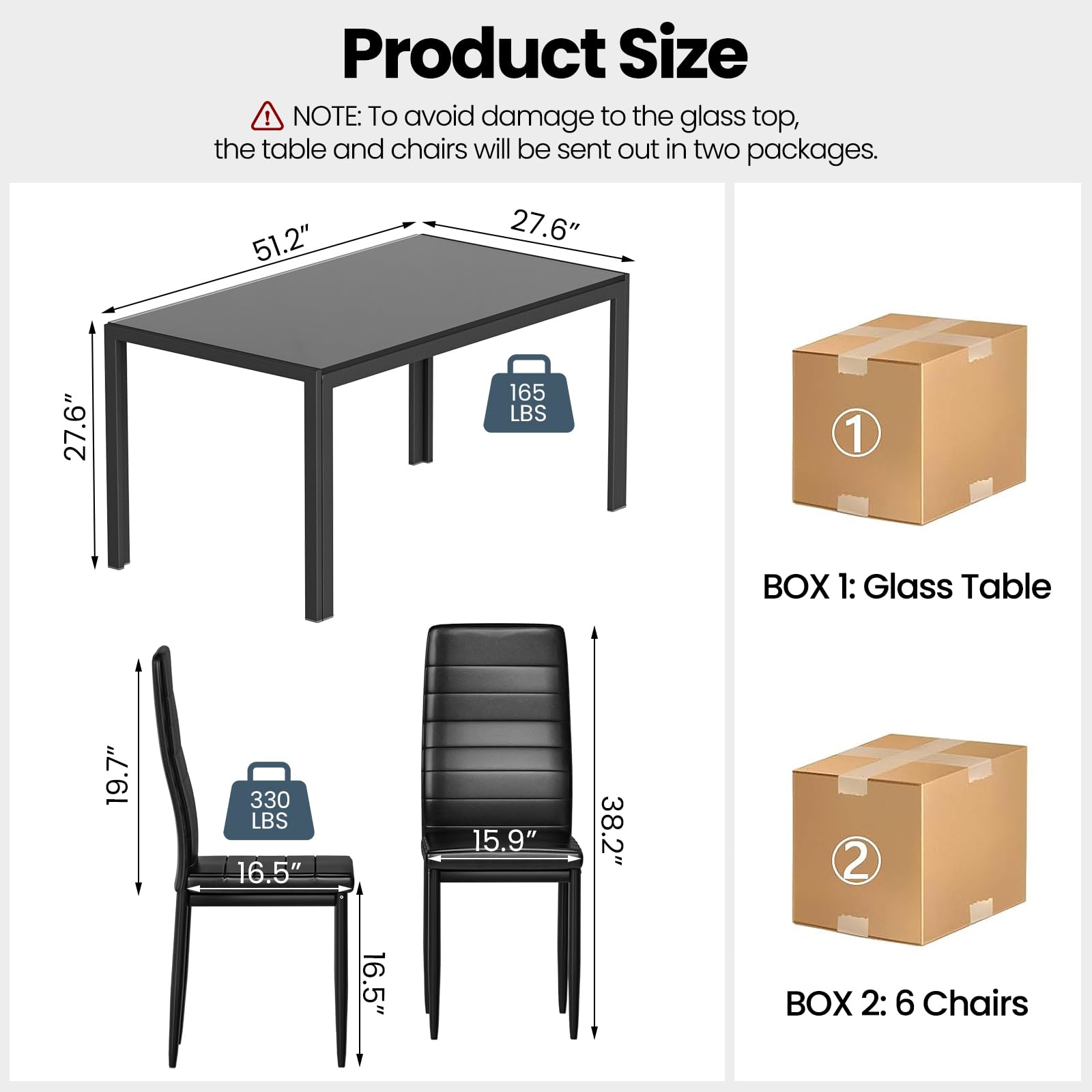 DKLGG 7-Piece Modern Glass Dining Table Set for 6 with PU Leather Chairs - Space Saving Kitchen Table for Small Spaces, Dinette, Apartment - Black | Perfect for Family Dinners, Entertaining Guests & Compact Living Areas