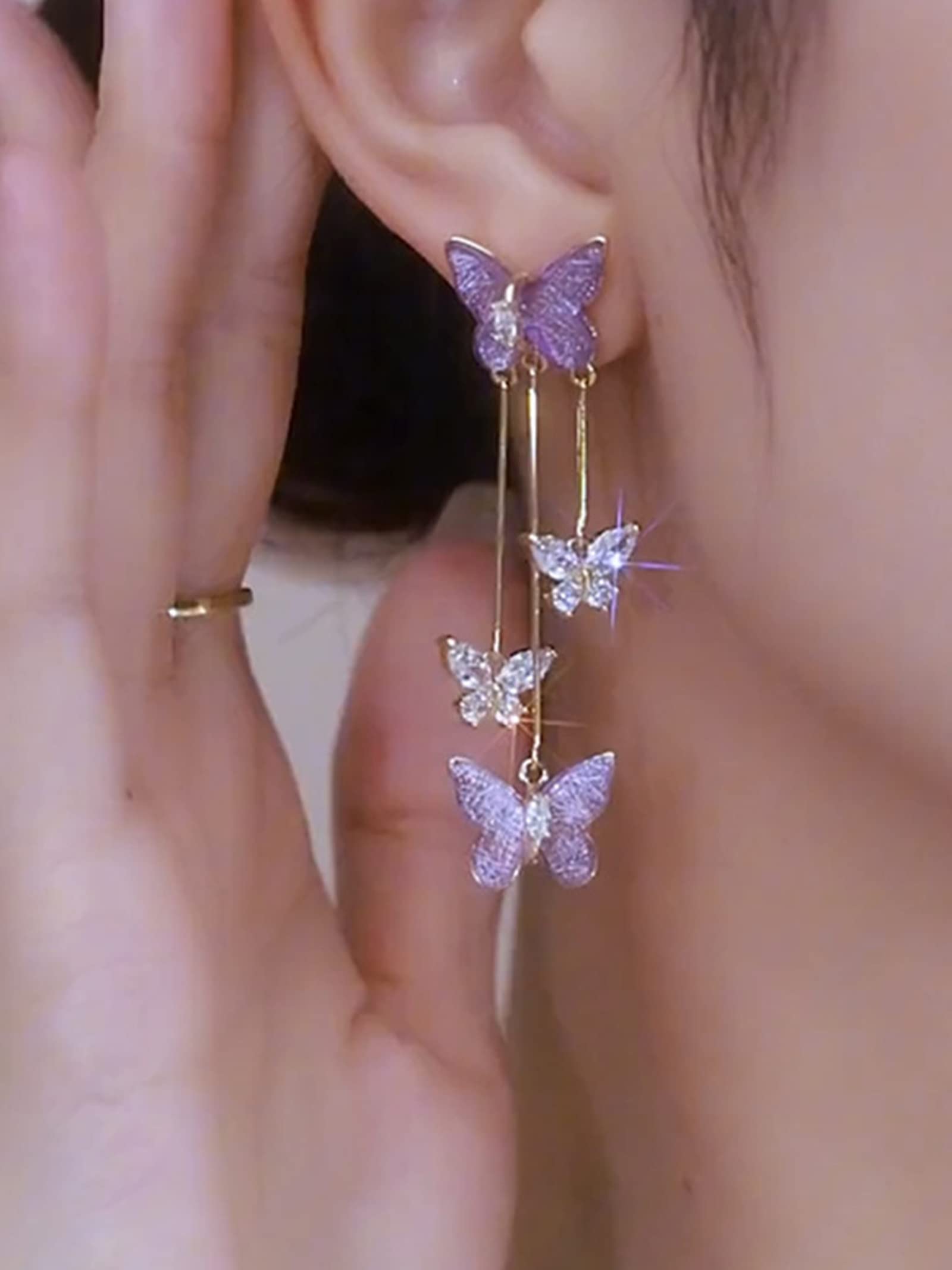 Elegant Purple Crystal Butterfly Dangle Earrings for Women - Trendy Tassel Jewelry Gift for Concerts, Parties & Evening Dresses