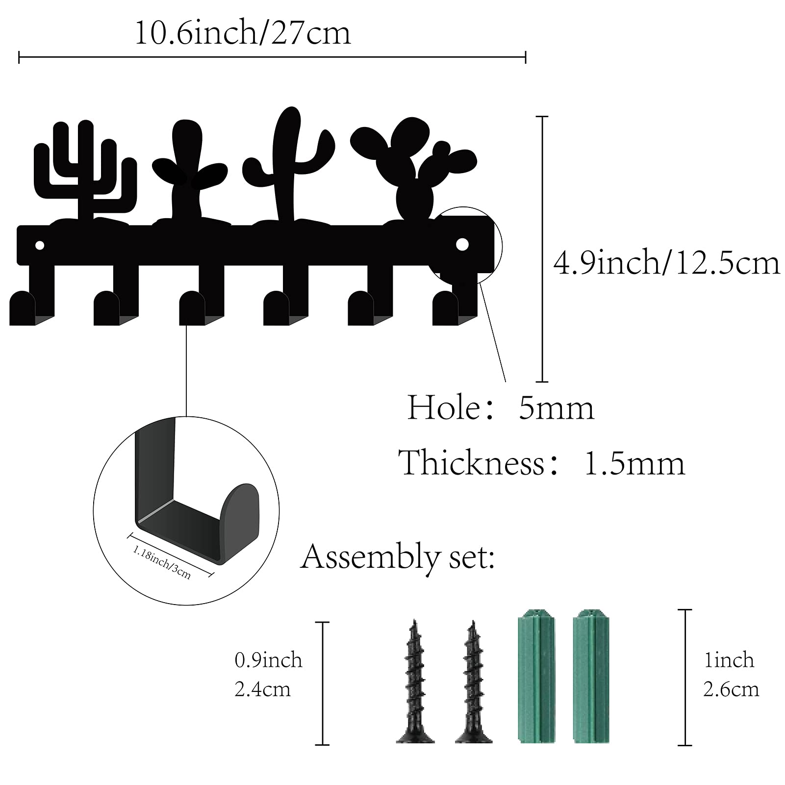 GORGECRAFT Cast Iron Wall Mount Key Holder with 6 Hooks - Cactus Plant Theme Coat Rack for Keys, Jewelry, Hats, Backpacks, Towels & Pet Leash - Decorative Wall Organizer for Entryway, Bedroom & Bathroom - Black
