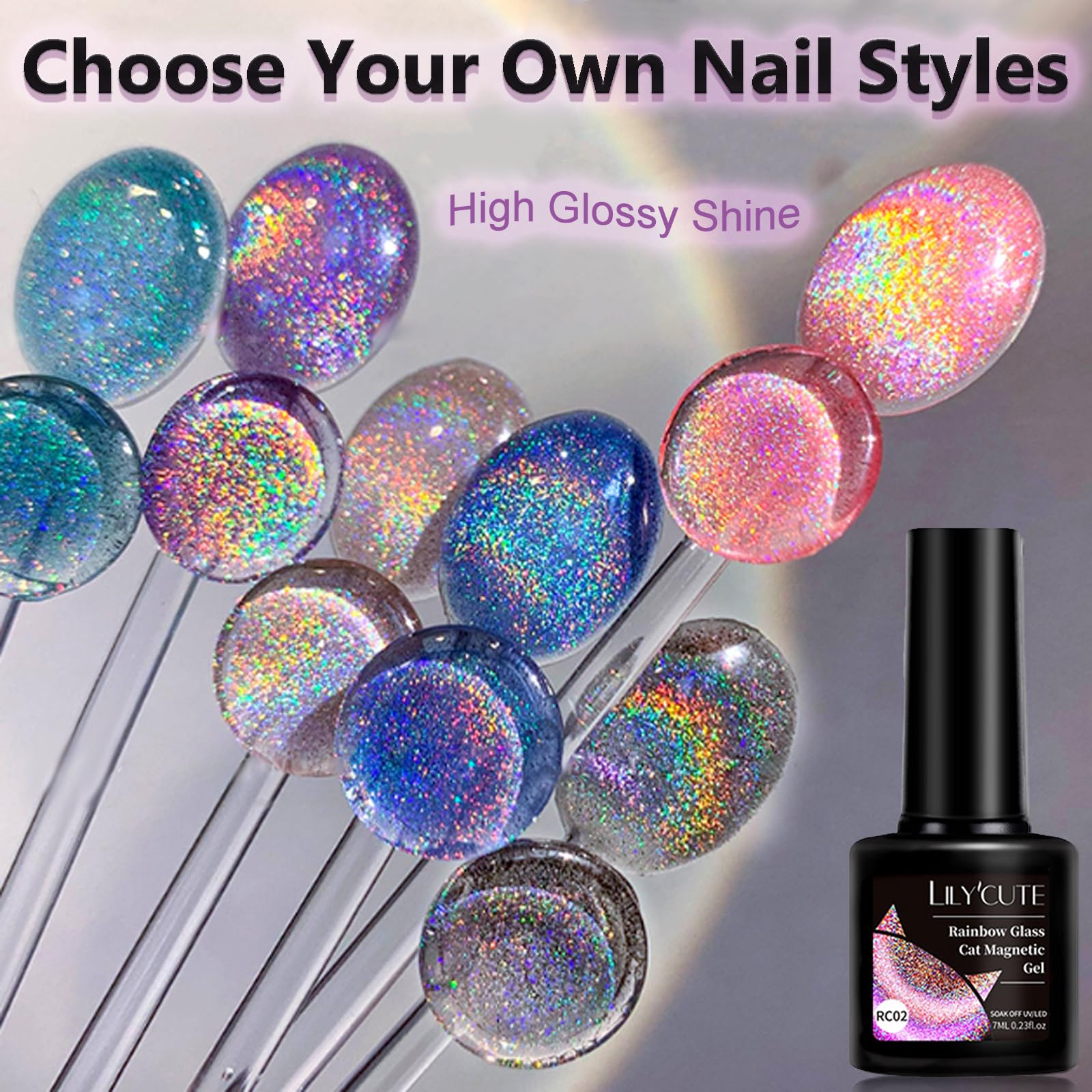 Rainbow Glitter Magnetic Gel Nail Polish - Holographic Sparkle Cat Eye Nail Lacquer for Galaxy Laser Nails (Purple) - Perfect for Manicures, Nail Art Designs & Special Occasions