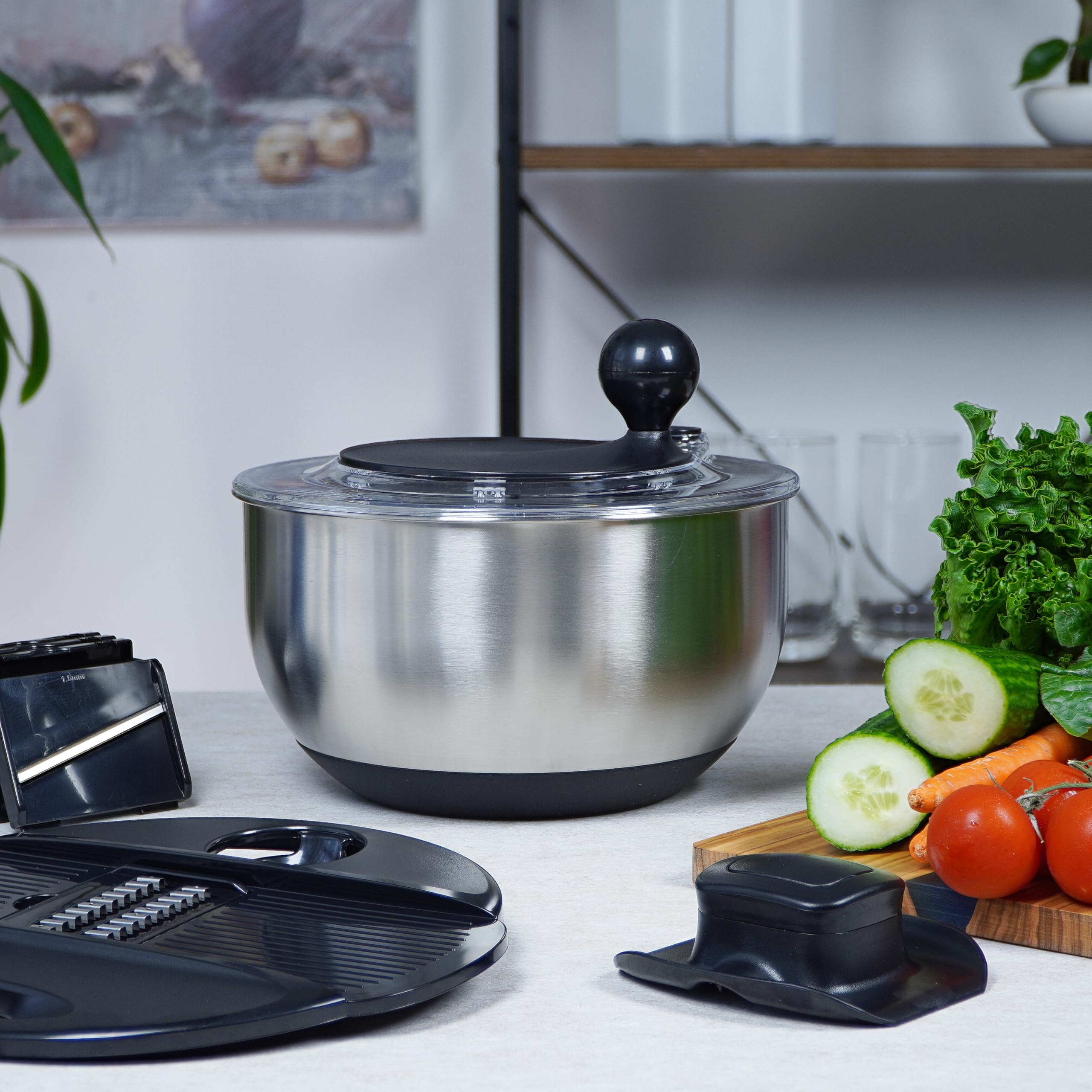 Best Rated Stainless Steel Salad Spinner 5.28Qt - Large Lettuce Dryer with Strainer Basket - Premium Kitchen Gadget for Washing Greens - Includes Free Vegetable Slicer - Perfect for Home Chefs & Healthy Meal Prep