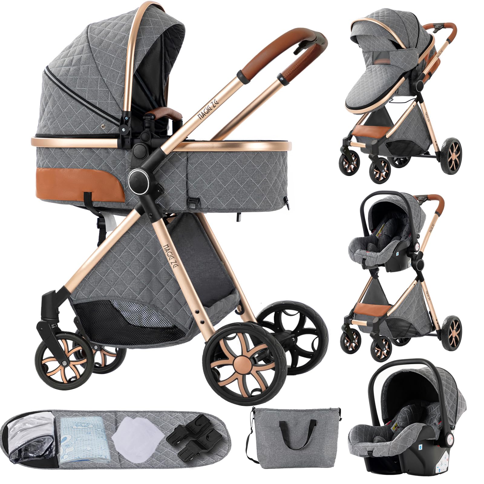 3 in 1 Baby Travel System - Reversible Stroller, Foldable & Portable Pram Buggy for Newborn to Toddler (MGV9-GREY Without Base) | Perfect for Shopping, Travel & Daily Walks