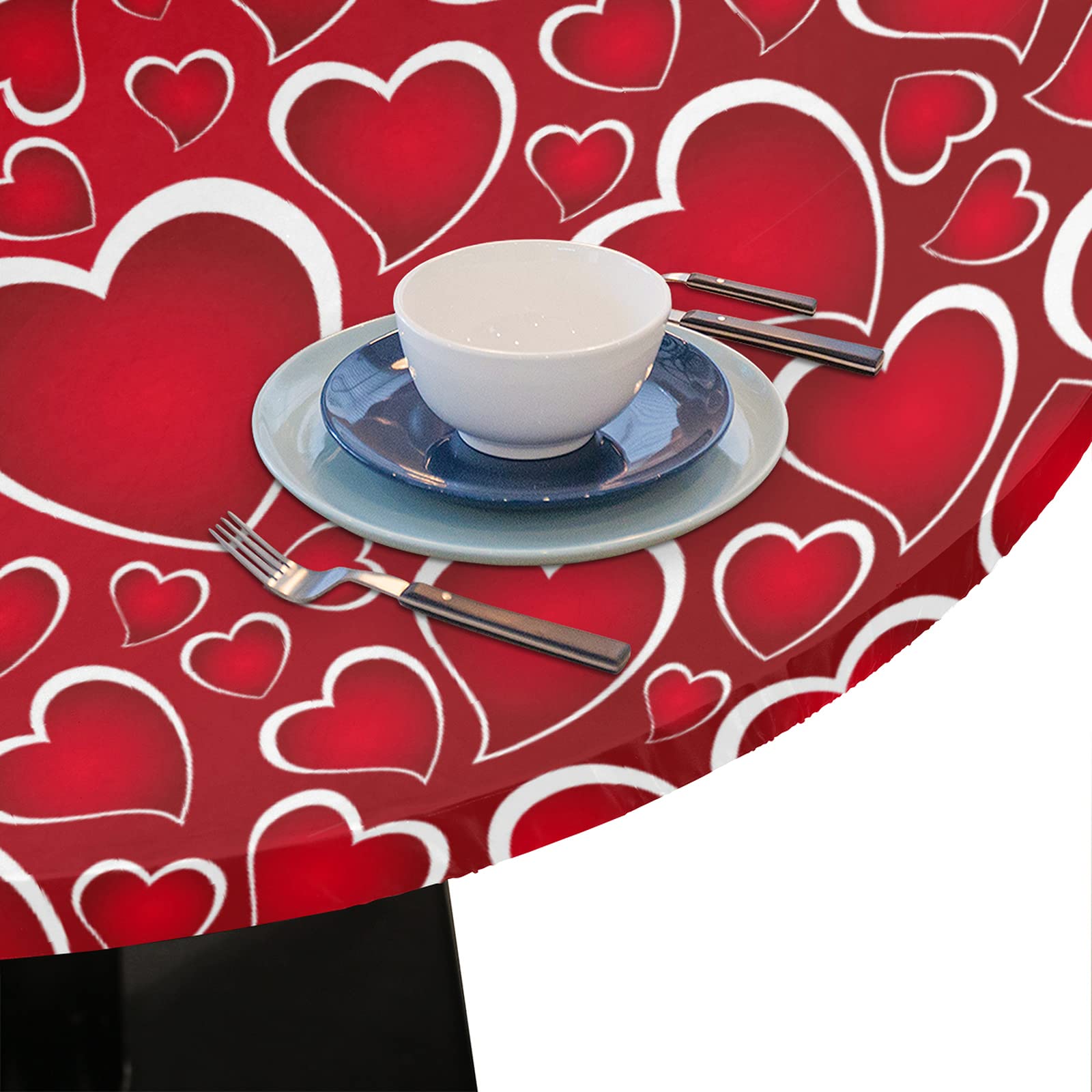 Valentine's Day Heart Print Elastic Edge Round Tablecloth - Waterproof & Wipeable Fitted Table Cover for 40