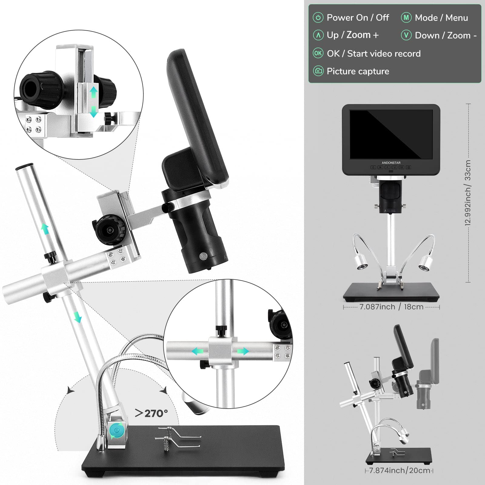 Andonstar AD246-M Digital Microscope with 3 Lenses - 7 Inch LCD 500x Magnification, 1080P FHD Video Recording, 32GB Card Included - Perfect for Soldering, Coin Inspection, Biology Studies & Electronics Repair