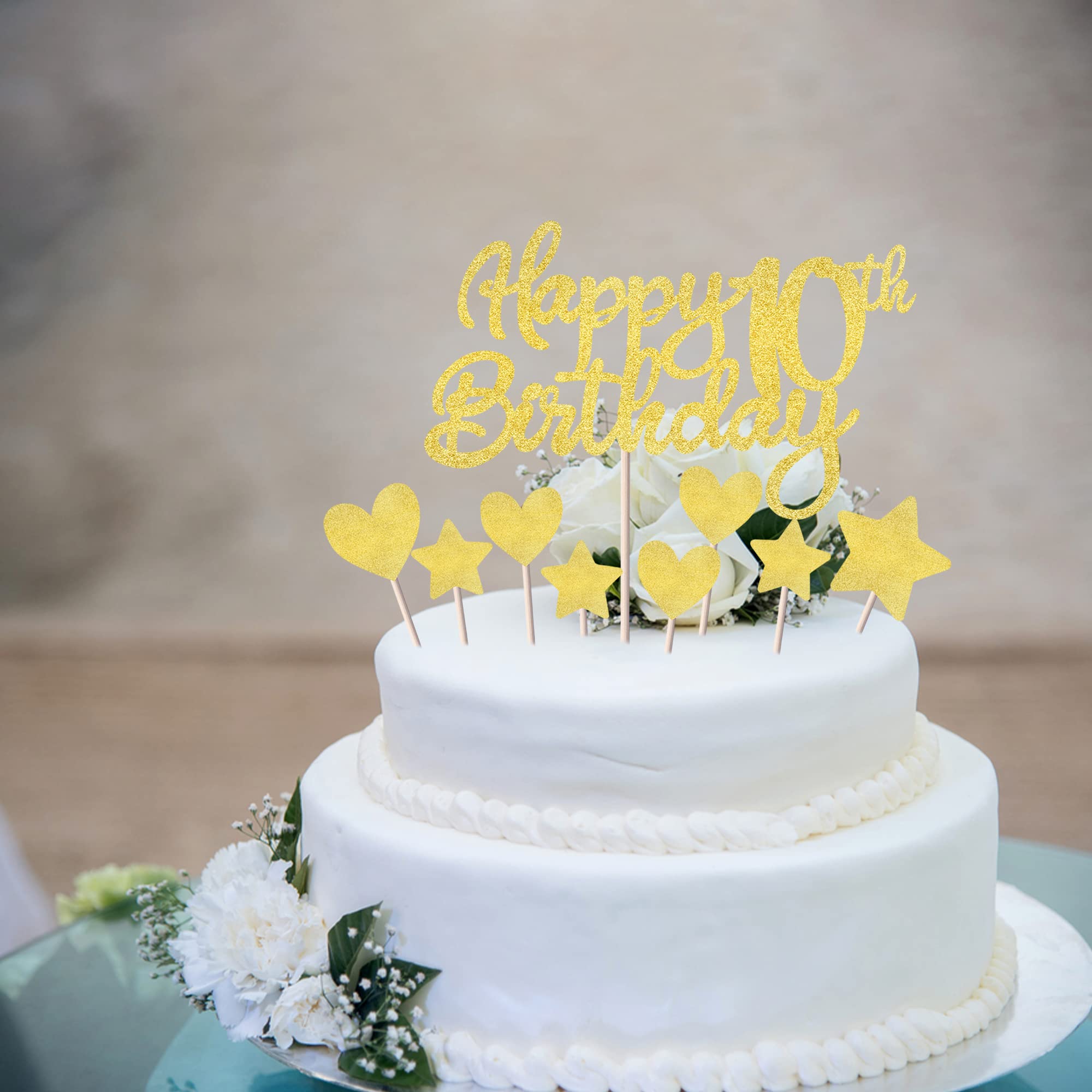 Rsstarxi 9 Pack Happy 10th Birthday Cake Topper Set - Glitter Heart & Star Cupcake Toppers for 10th Birthday Party Decorations | Cheers to 10 Years Old | Perfect for Birthday Cakes, Cupcakes & Anniversary Celebrations