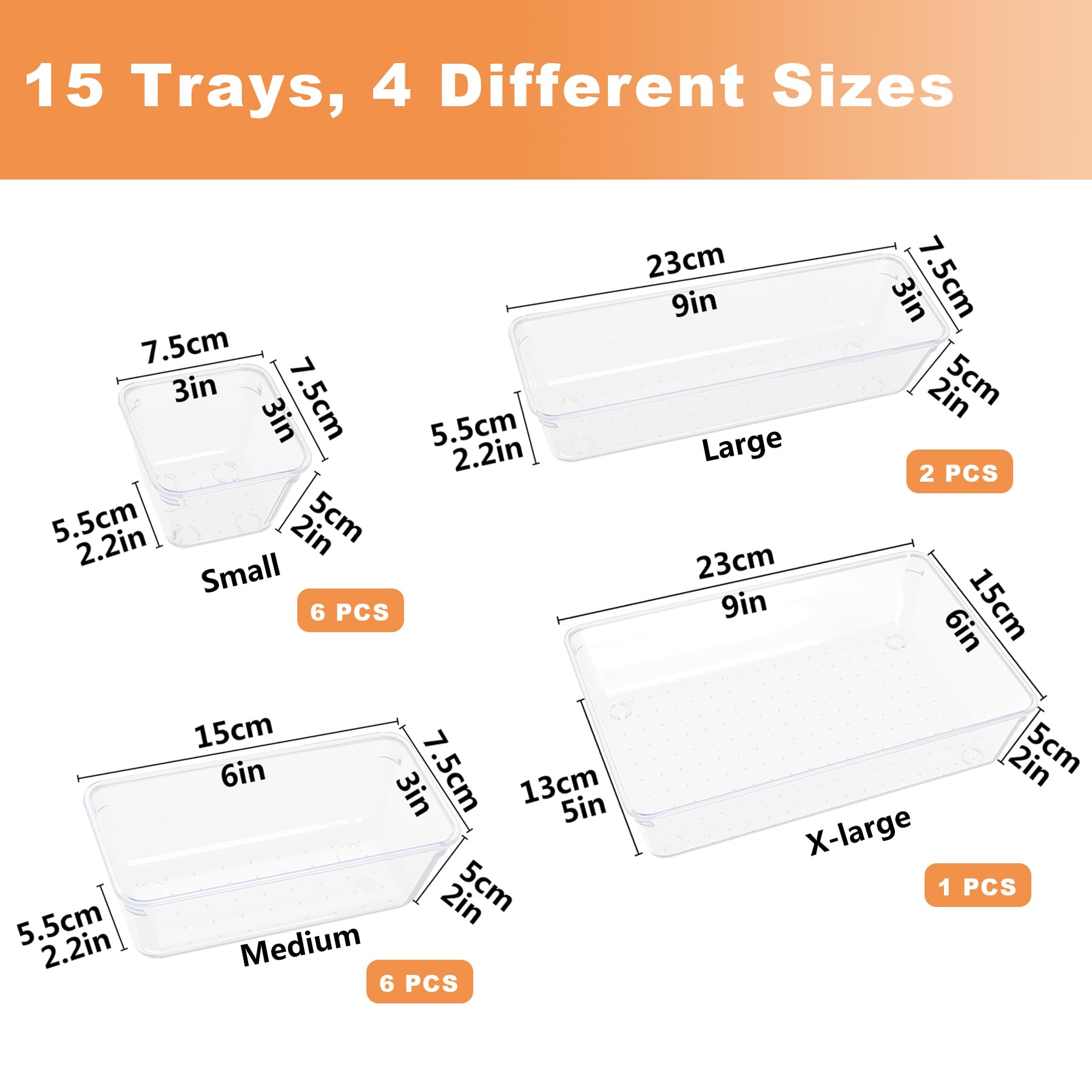 JIUYOTREE 15-Piece Clear Plastic Drawer Organizer Set - 4 Sizes for Makeup, Jewelry, Office & Bathroom Storage - Perfect for Vanity, Dresser, and Desk Organization