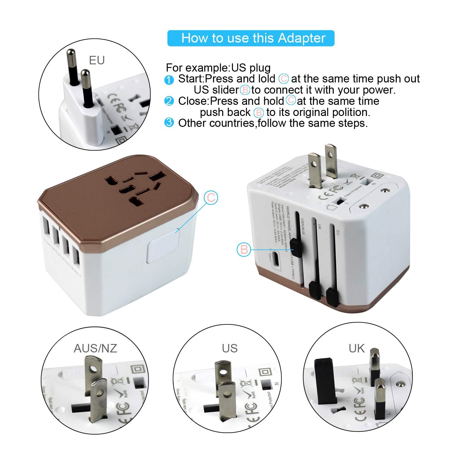 Universal Travel Adapter with 4 USB Ports - Worldwide All-in-One Power Plug Converter for UK/EU/AU/US & 150+ Countries - Compatible with iPhone, Android Phones, Laptop & Tablet - Perfect for International Travel, Business Trips & Study Abroad