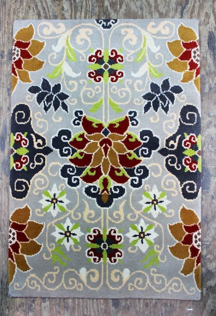Handmade Grey Vines and Flowers Tibetan Wool Rug - Traditional Tibetan Carpet for Living Room, Bedroom Decor & Meditation Space