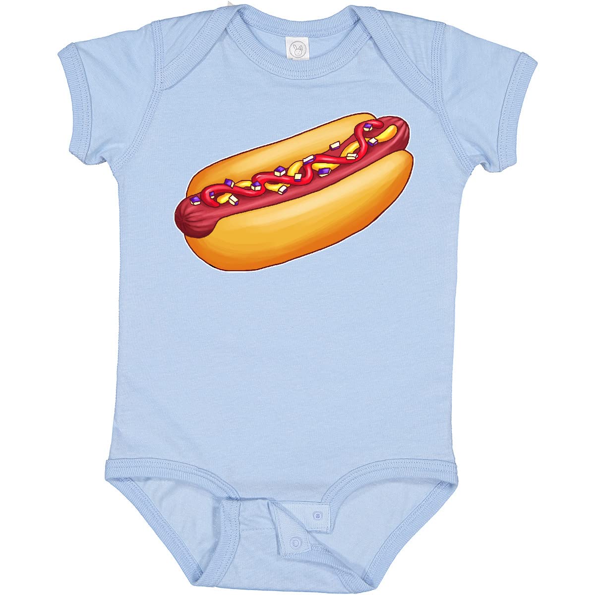 Inktastic Hot Dog Print Baby Bodysuit - Cute Mustard, Onions & Ketchup Design - Soft Cotton Infant Onesie for Playdates, Family BBQ & Summer Outings