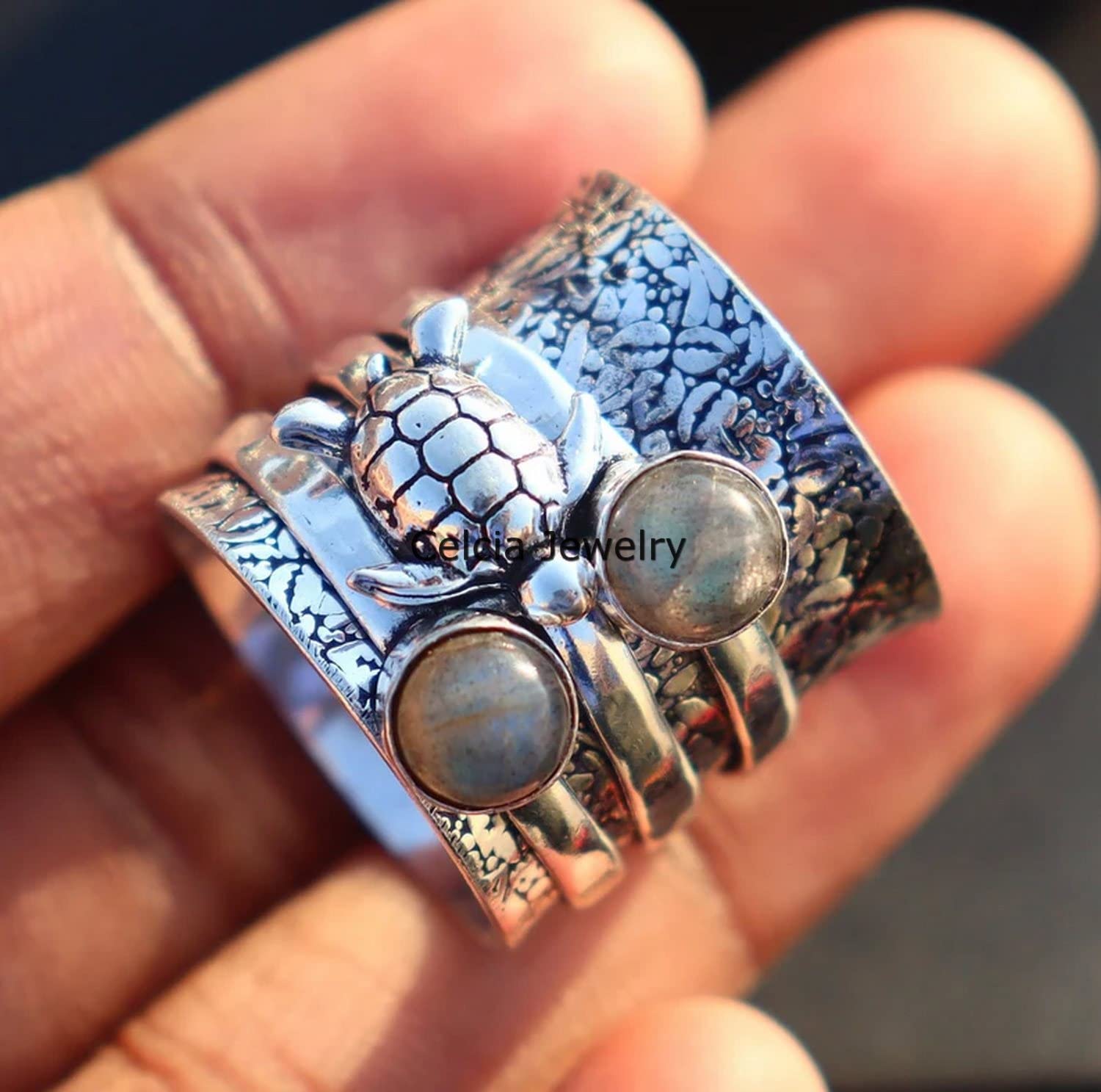 925 Sterling Silver Labradorite Turtle Spinner Ring - Adjustable Fidget Ring for Anxiety Relief, Meditation & Stress Relief - Handmade Gemstone Jewelry for Women & Men (Size 7) - Perfect for Yoga, Mindfulness & Everyday Wear